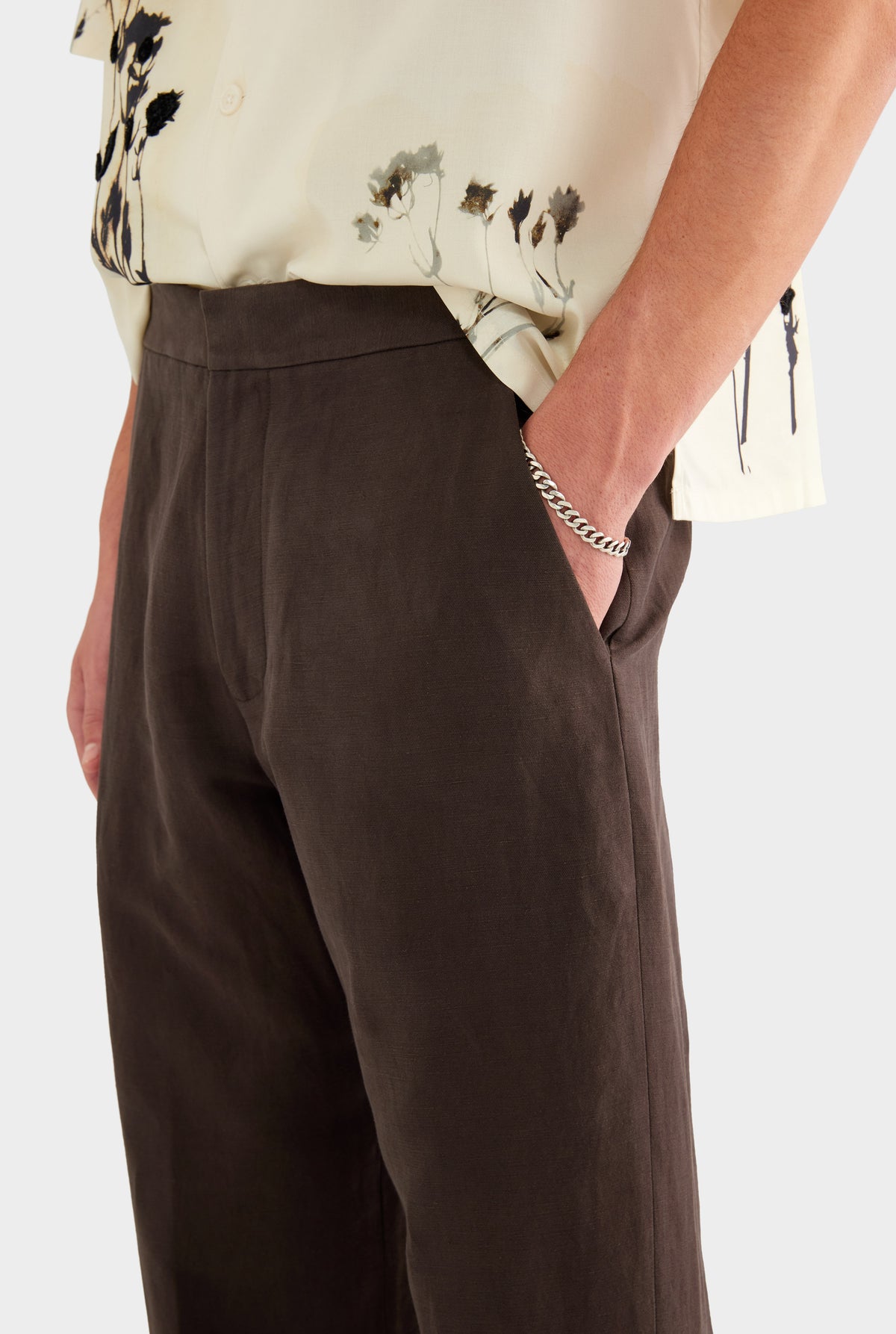 Silk Linen Side Tab Trouser - Dark Chocolate