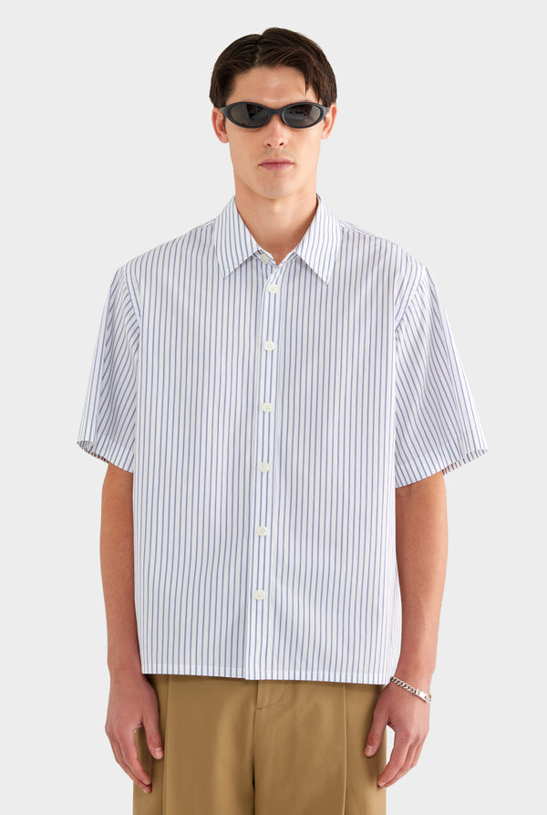 Oversized Stripe Short Sleeve Shirt - White/Navy Stripe