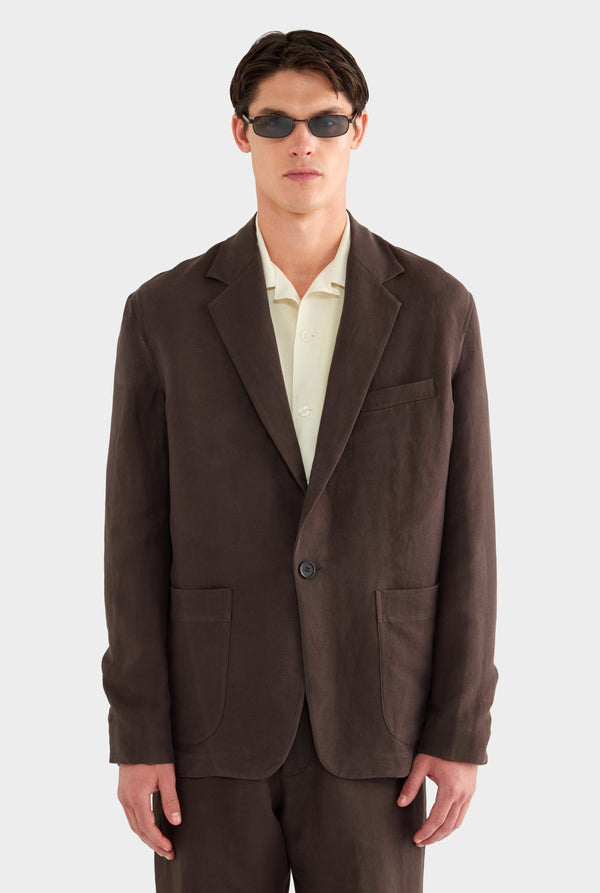Unstructured Silk Linen Blazer - Dark Chocolate