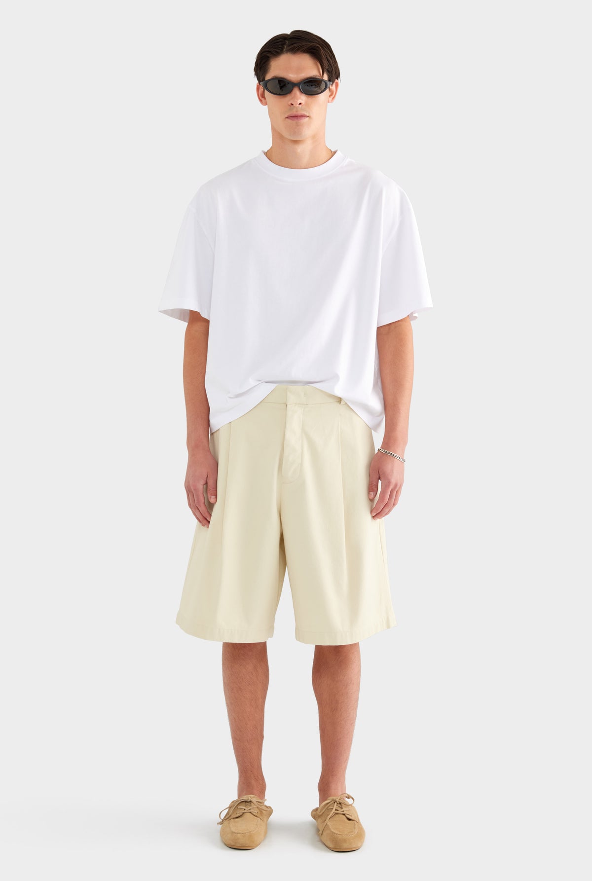Cotton Canvas Pleated Bermuda Short - Cream