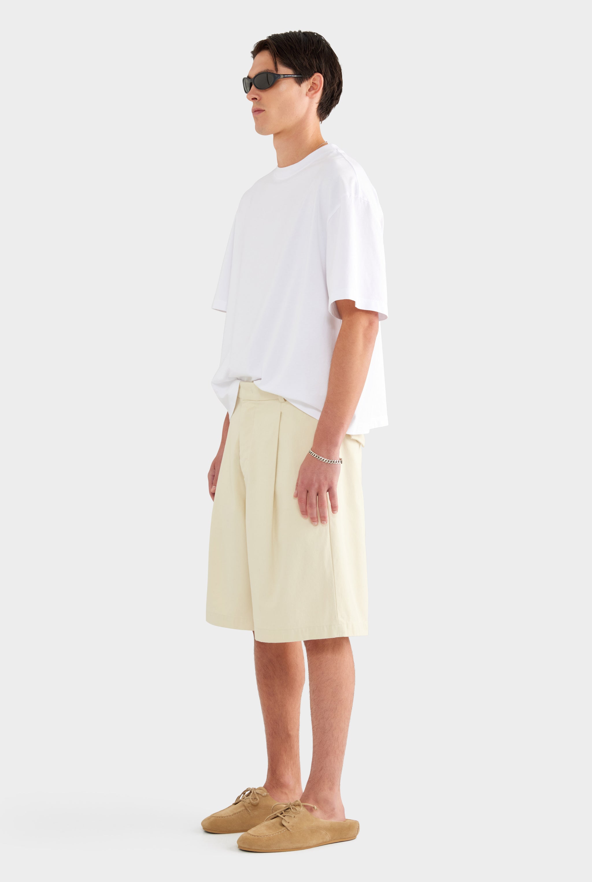 Cotton Canvas Pleated Bermuda Short - Cream
