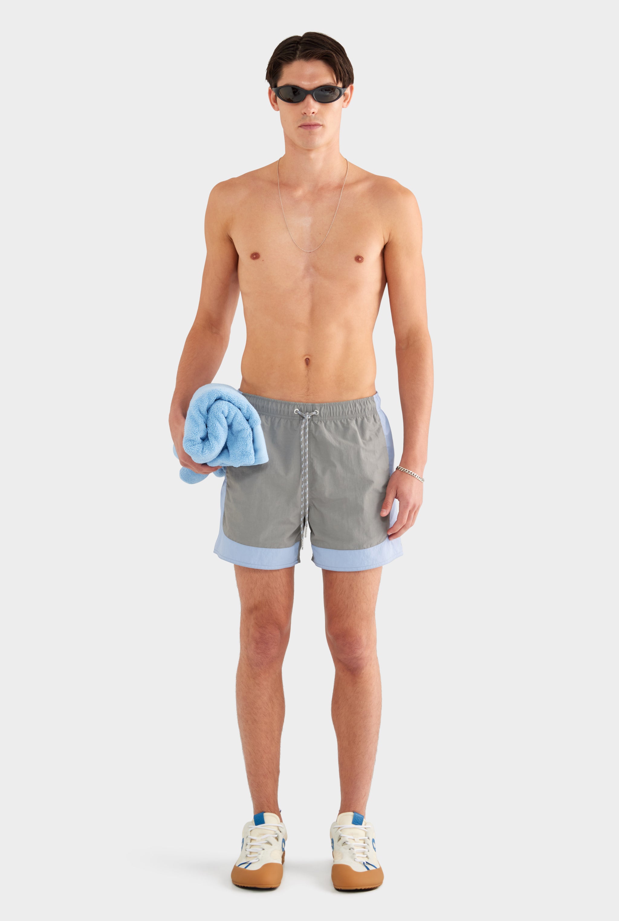 Curved Panel Nylon Swim Short - Concrete/Mineral Blue - XS
