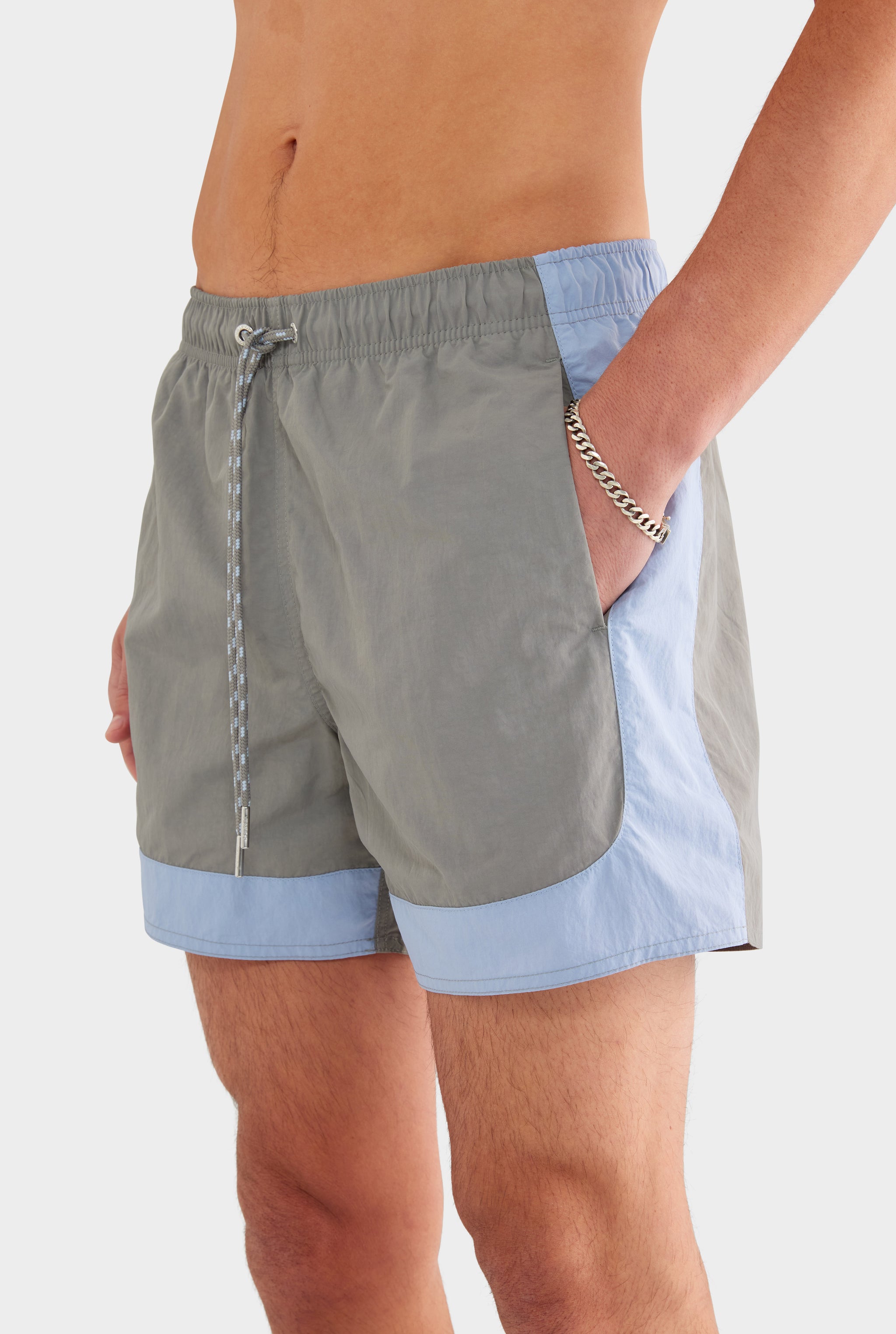 Curved Panel Nylon Swim Short - Concrete/Mineral Blue - XS