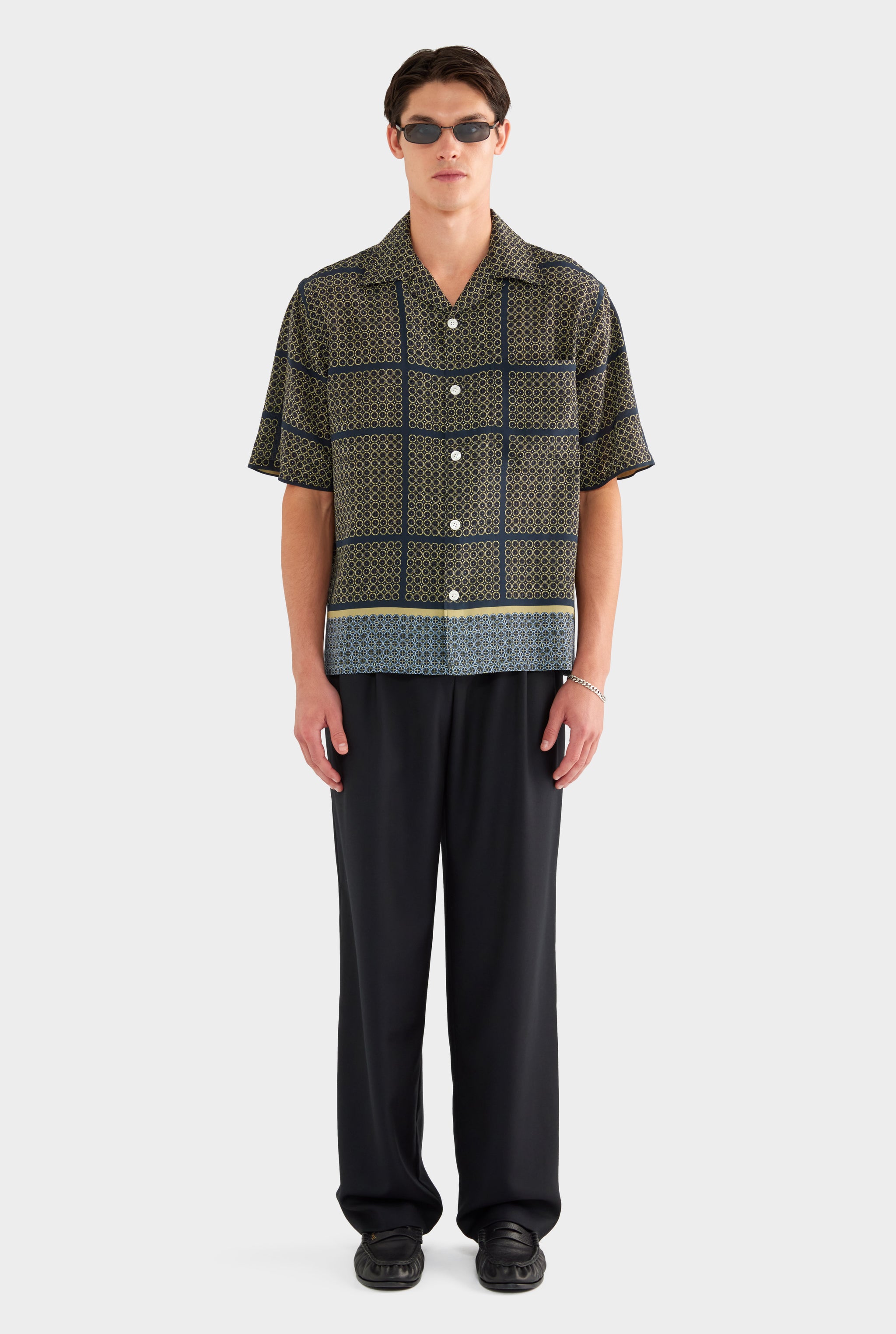Short Sleeve Silk Camp Collar Shirt - Geometric Tile - XS