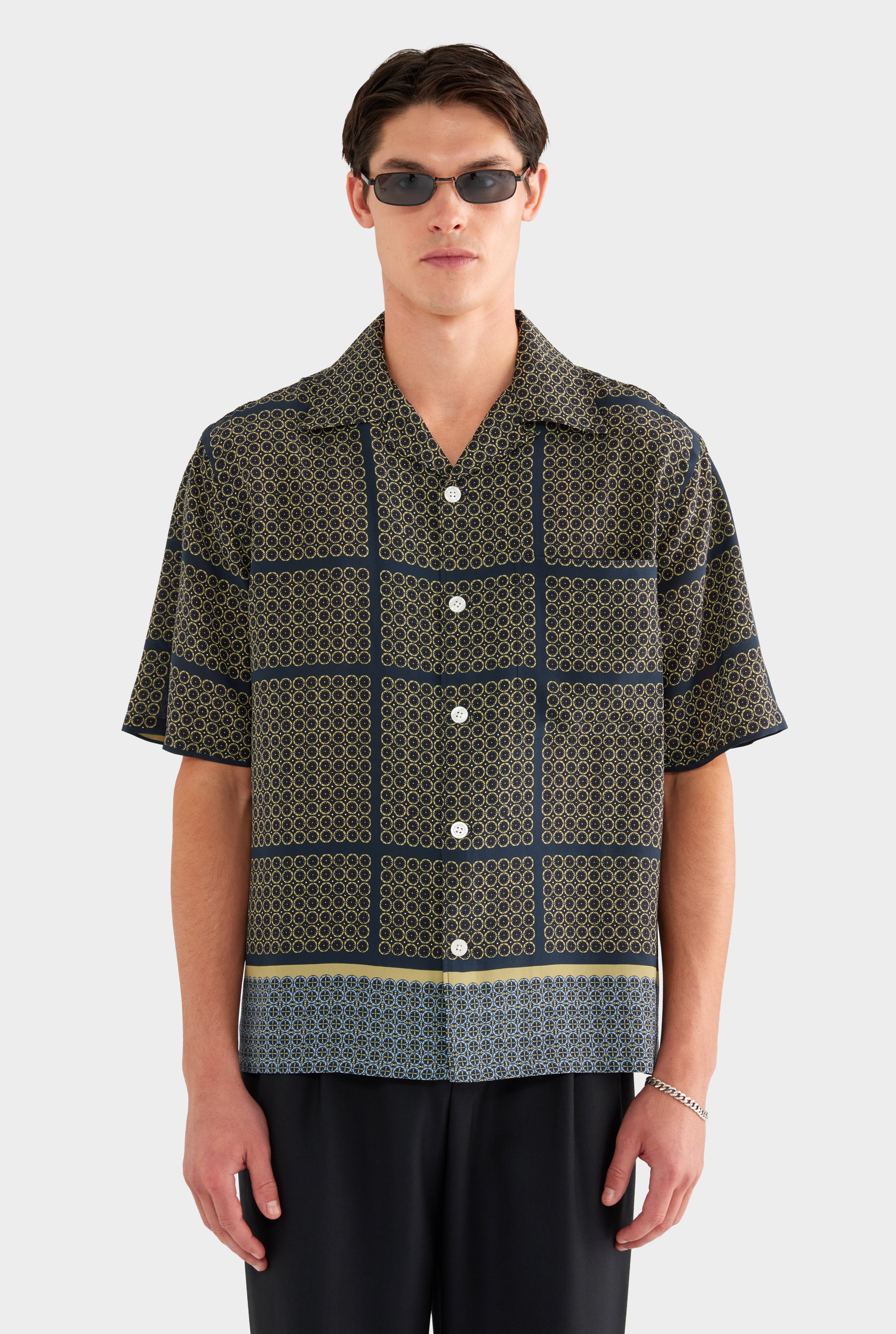 Short Sleeve Silk Camp Collar Shirt - Geometric Tile - XS