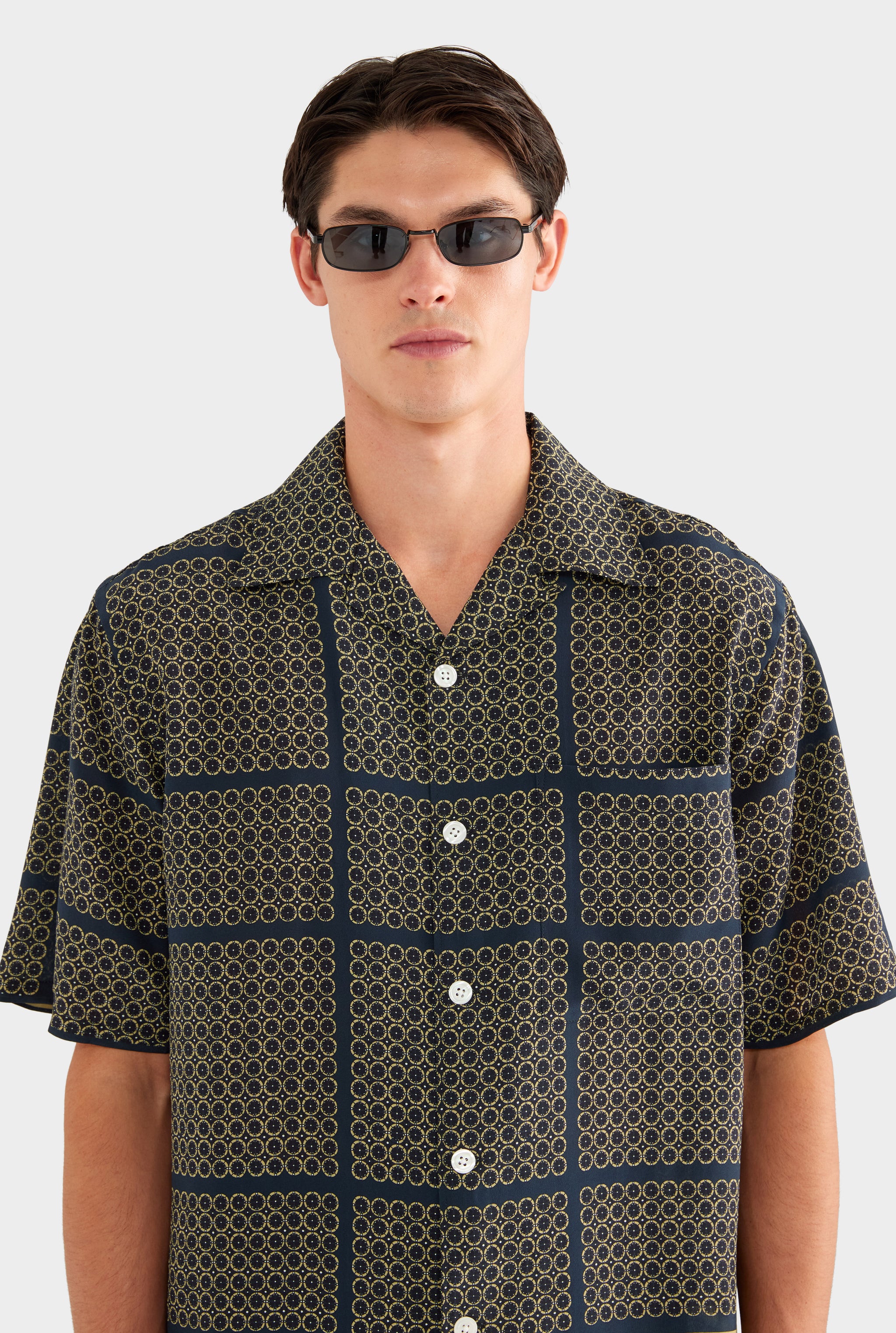 Short Sleeve Silk Camp Collar Shirt - Geometric Tile - XS