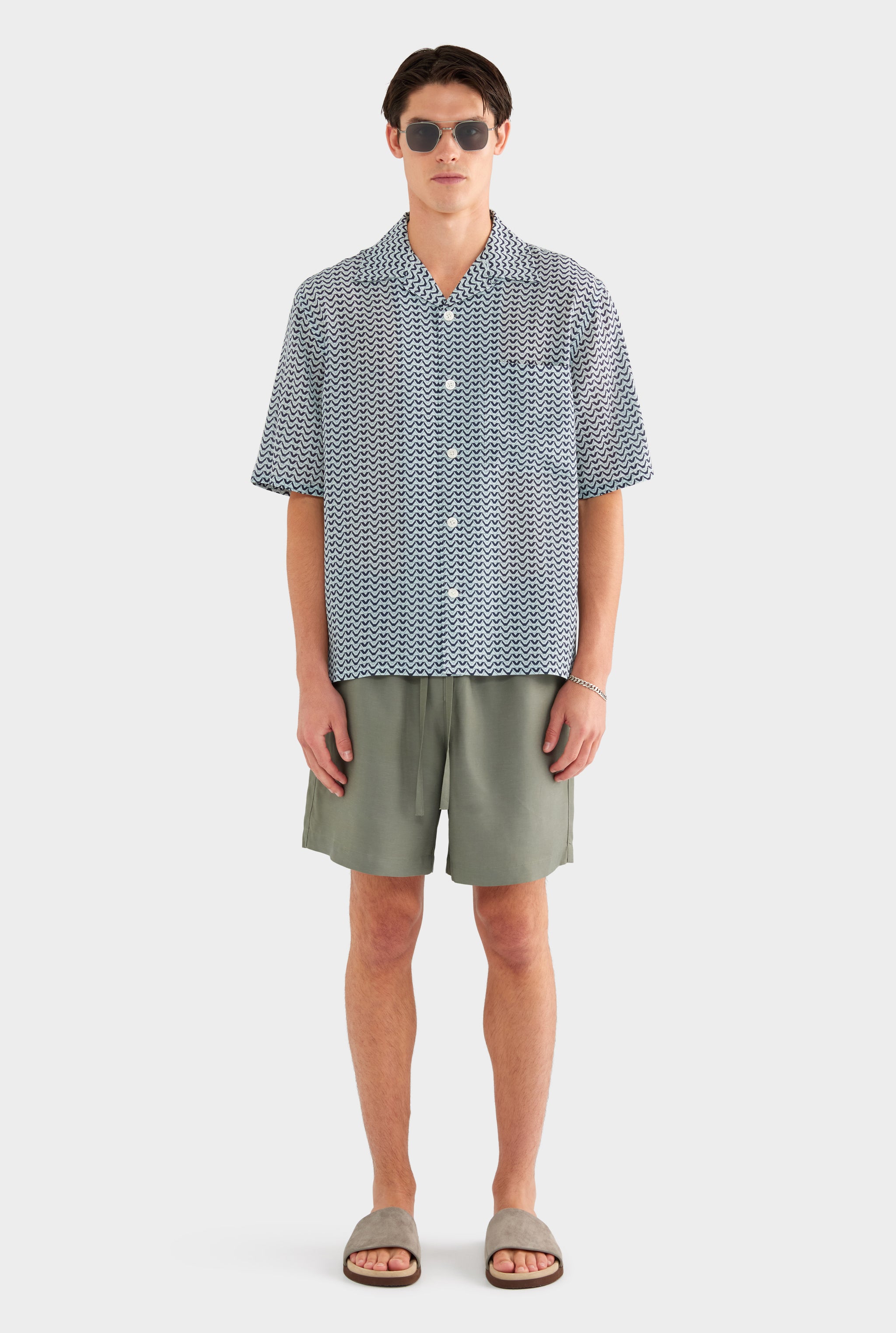 Short Sleeve Silk Camp Collar Shirt - Navy/Cement V Monogram - XS
