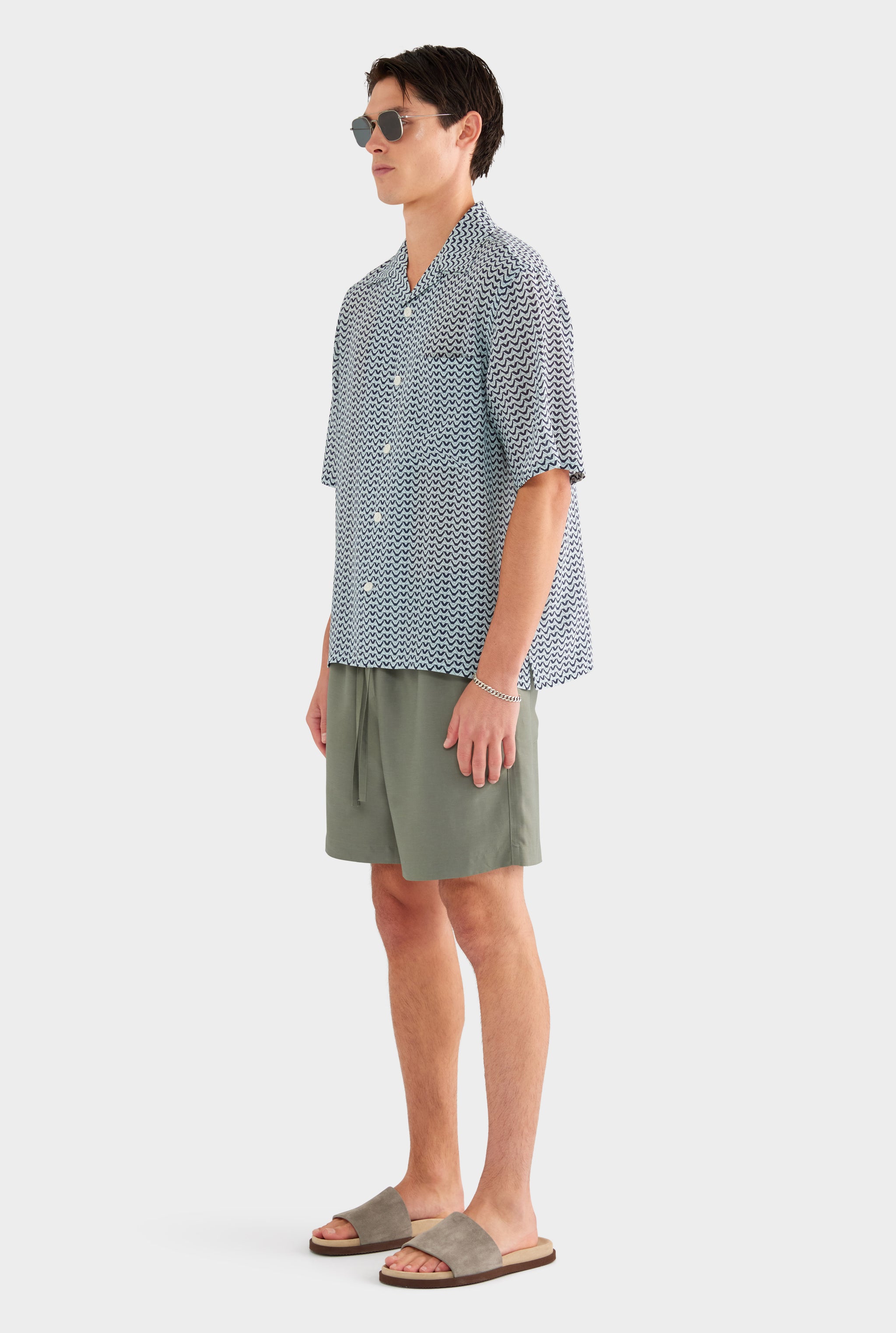 Short Sleeve Silk Camp Collar Shirt - Navy/Cement V Monogram - XS