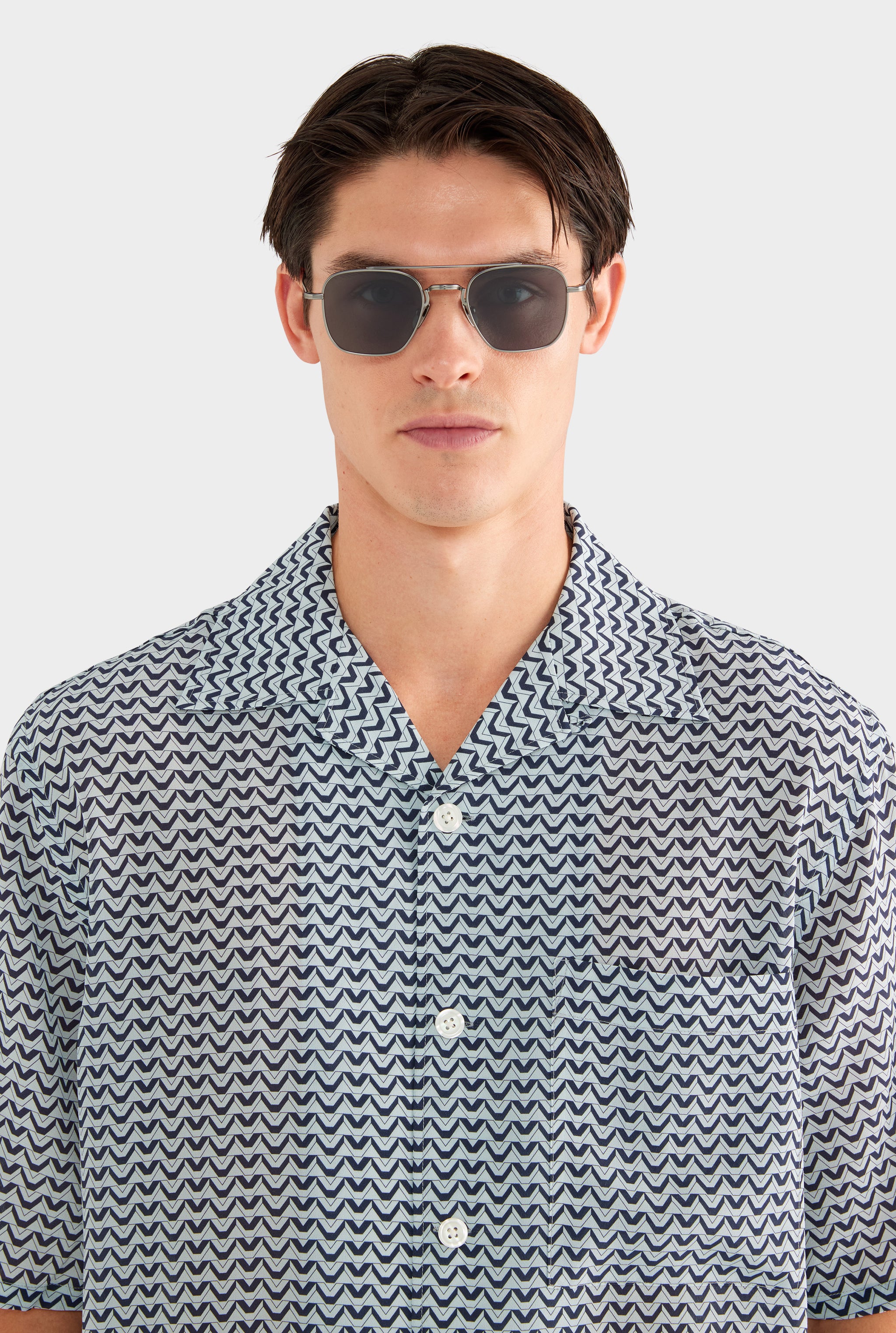 Short Sleeve Silk Camp Collar Shirt - Navy/Cement V Monogram - XS