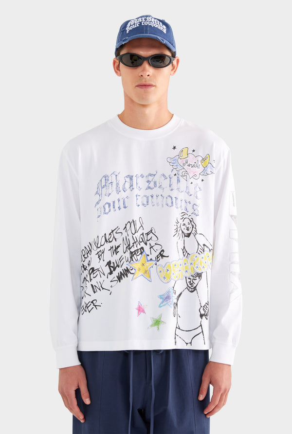 Graffiti Long Sleeve T Shirt - Marseille Graffiti/Off White - XS