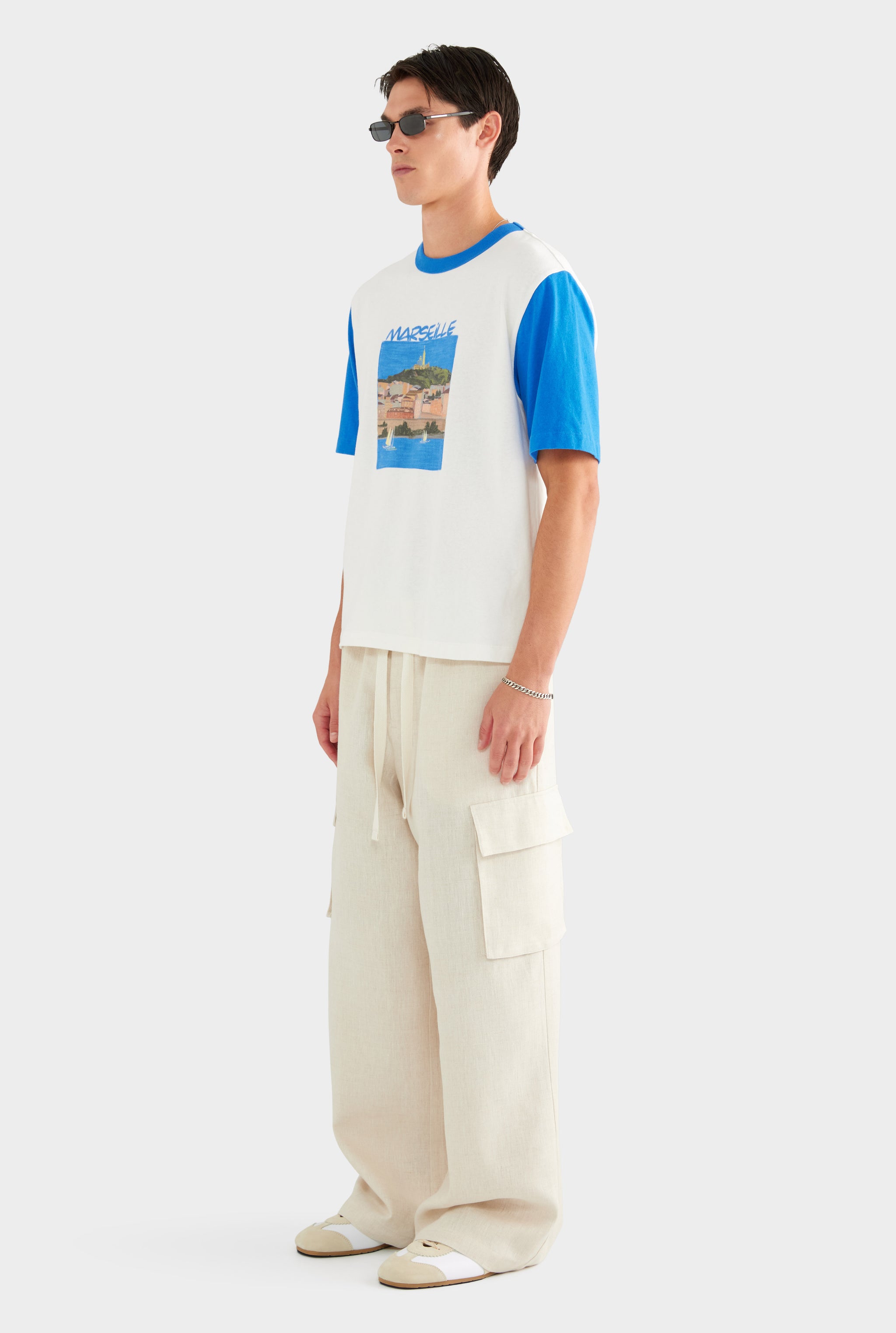 Contrast Cotton Linen Tee - White/Strong Blue - XS