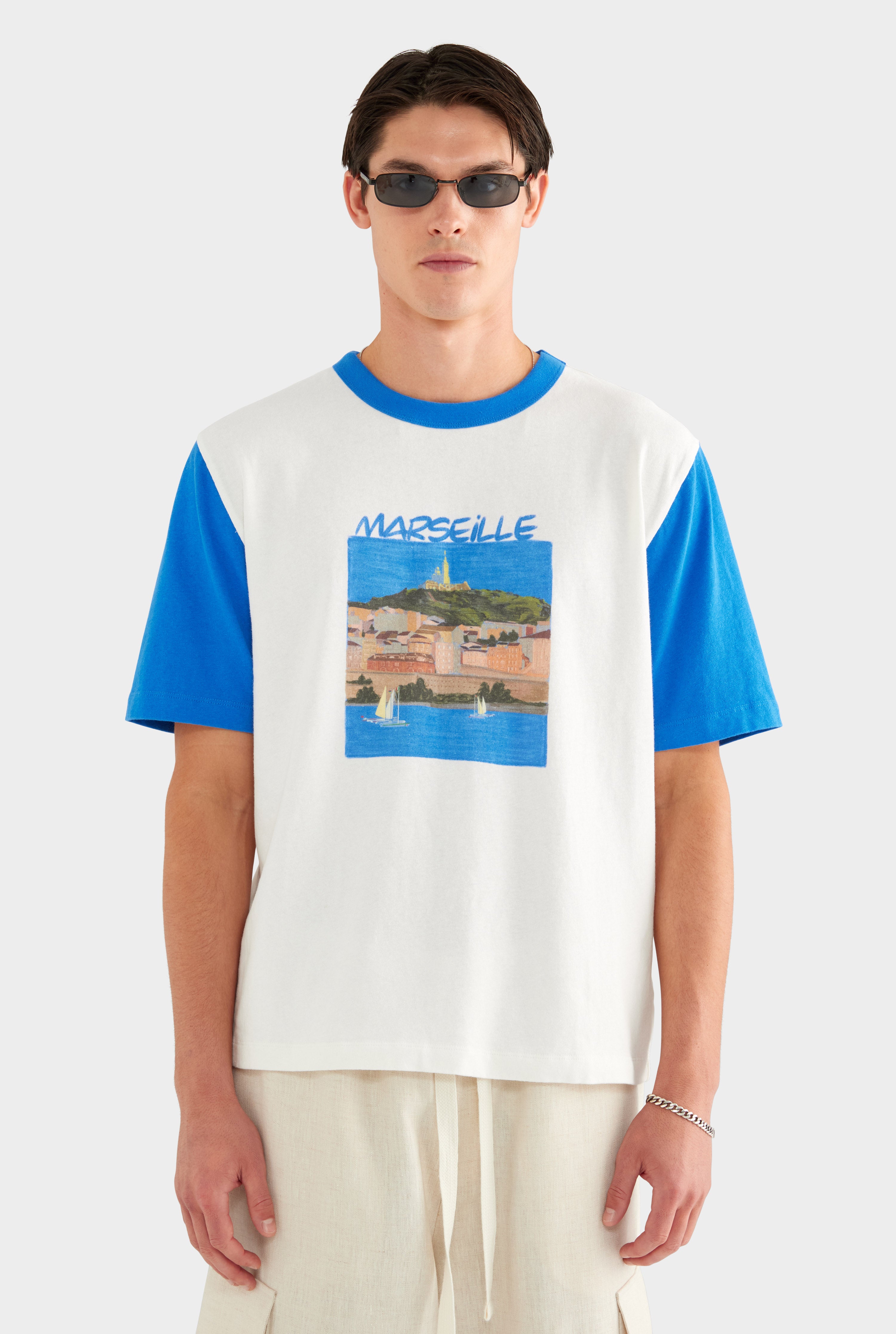 Contrast Cotton Linen Tee - White/Strong Blue - XS