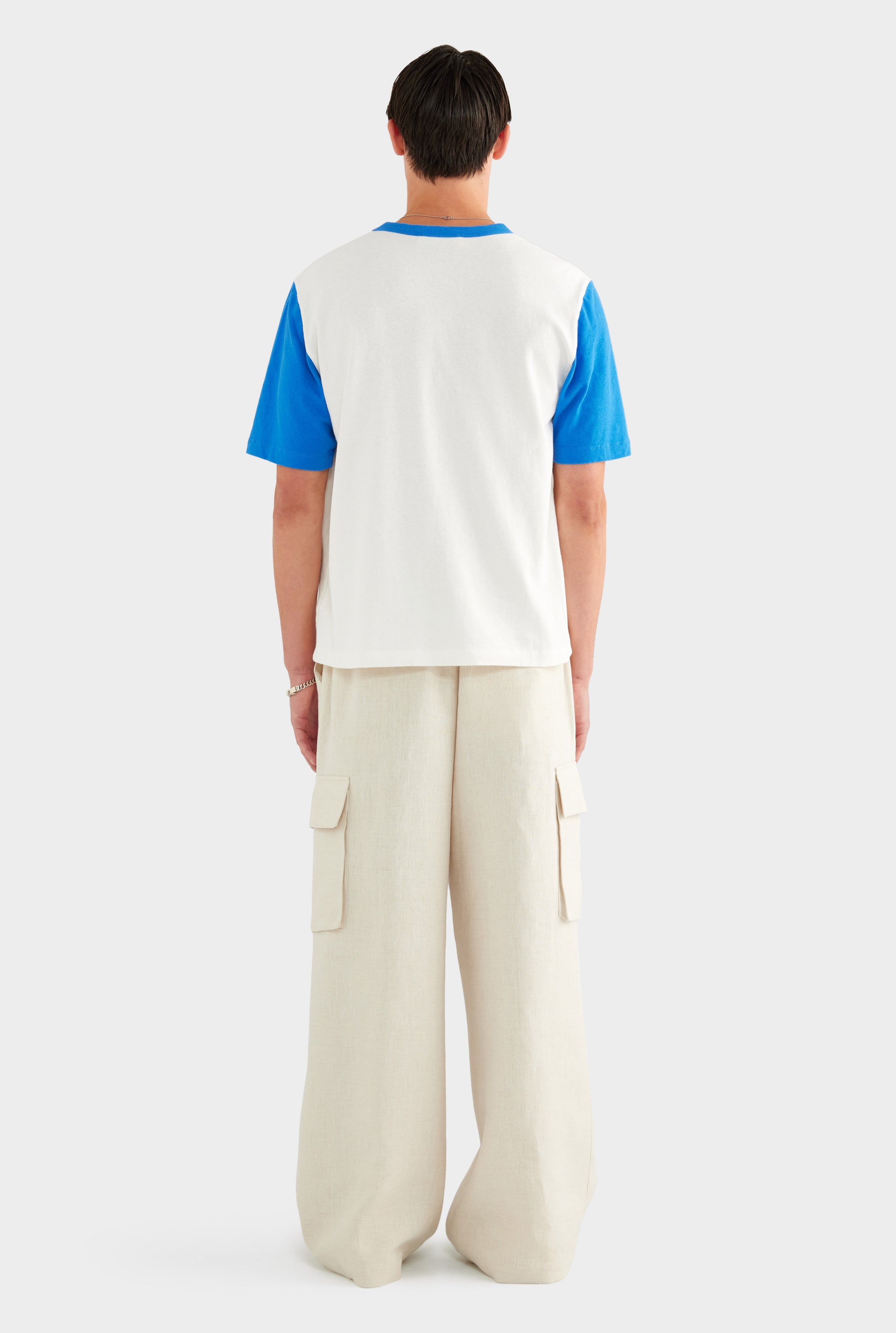 Contrast Cotton Linen Tee - White/Strong Blue - XS