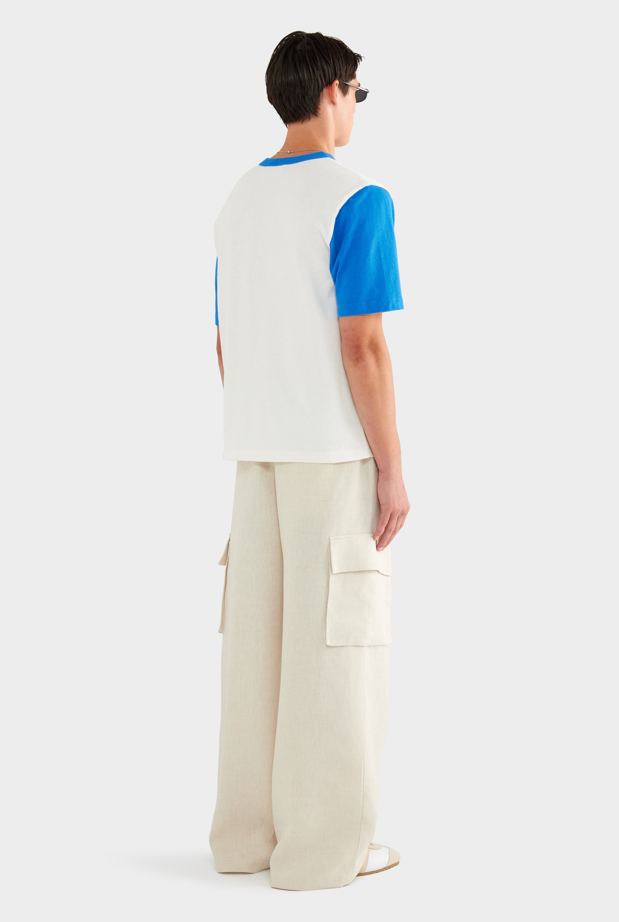 Contrast Cotton Linen Tee - White/Strong Blue - XS