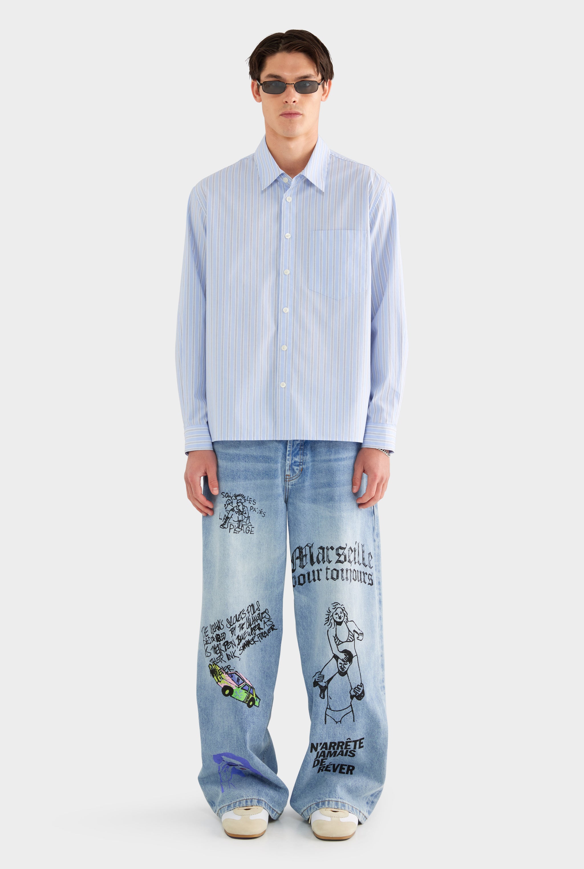 Long Sleeve Relaxed Cotton Poplin Shirt - Blue/White/Navy Stripe - XS
