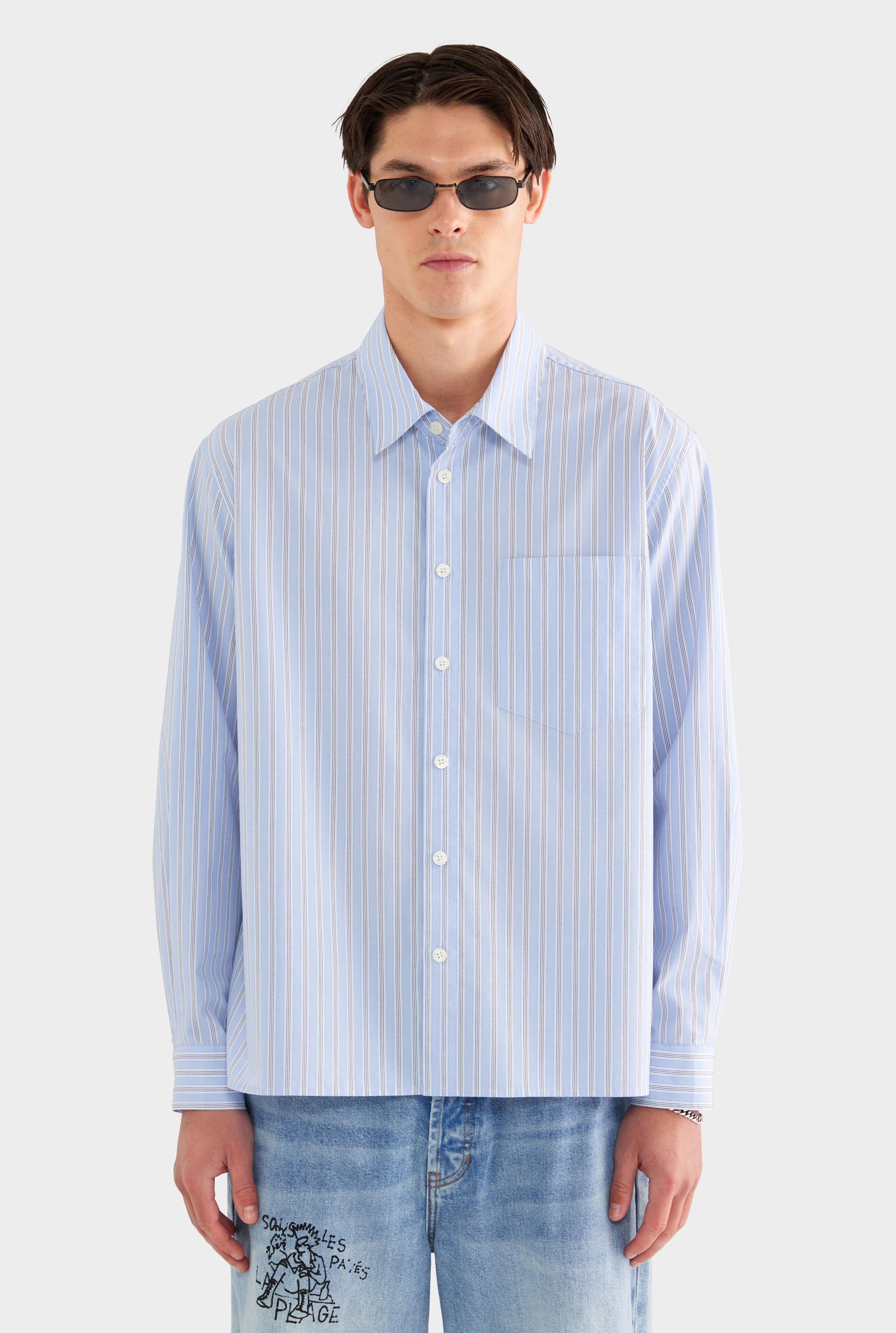 Long Sleeve Relaxed Cotton Poplin Shirt - Blue/White/Navy Stripe - XS