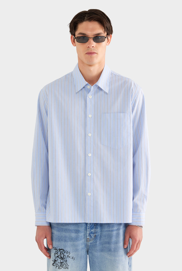 Long Sleeve Relaxed Cotton Poplin Shirt - Blue/White/Navy Stripe - XS