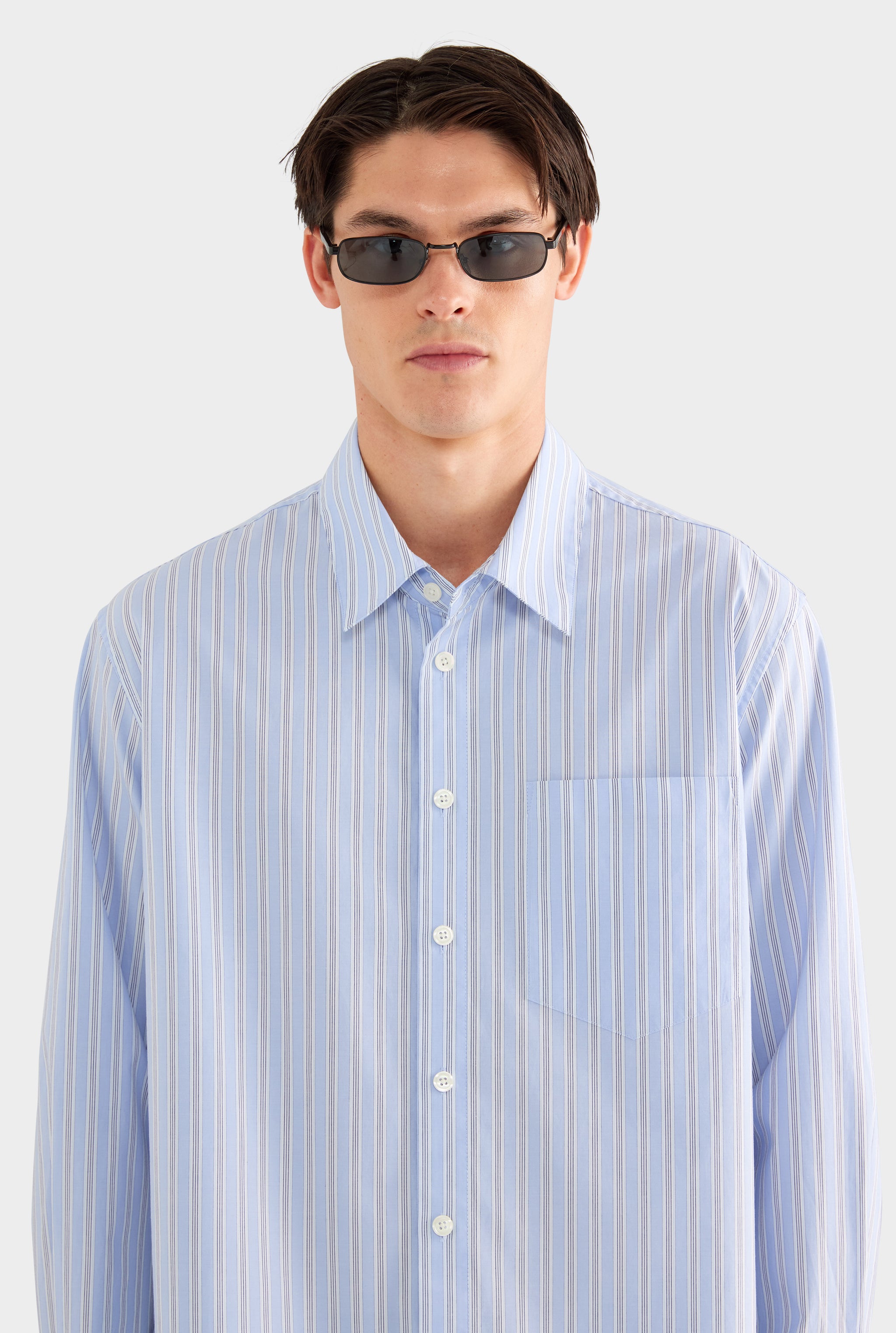 Long Sleeve Relaxed Cotton Poplin Shirt - Blue/White/Navy Stripe - XS