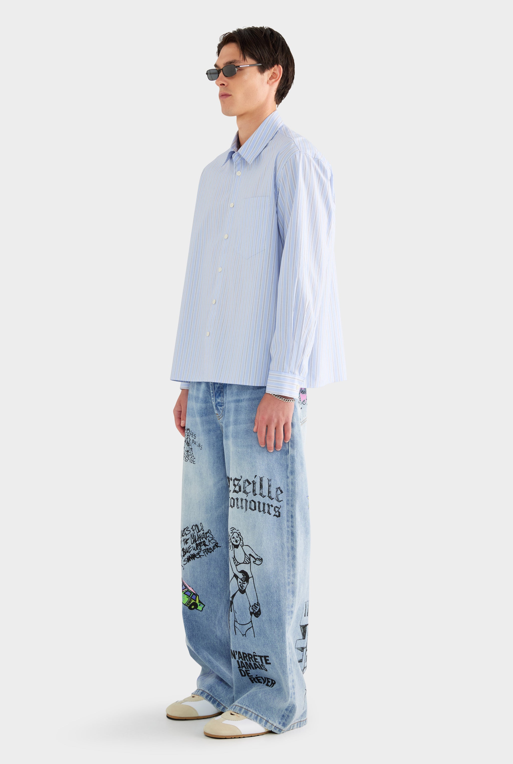 Long Sleeve Relaxed Cotton Poplin Shirt - Blue/White/Navy Stripe - XS