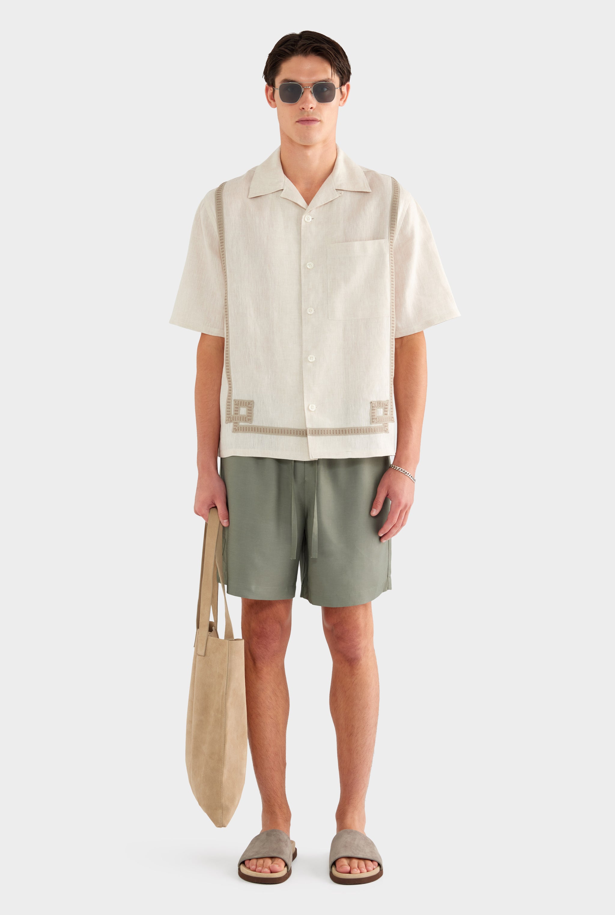 Tape Border Linen Camp Collar Shirt - Sand - XS