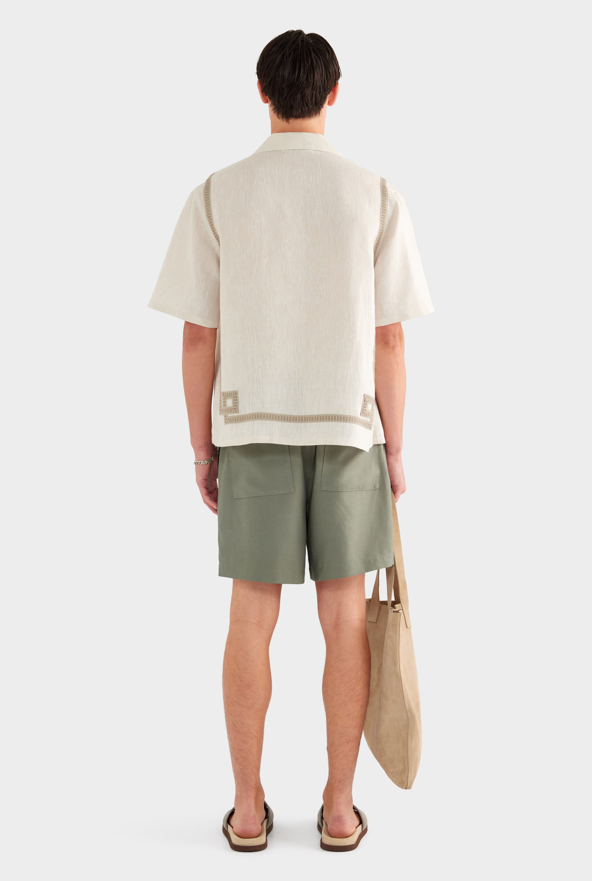 Tape Border Linen Camp Collar Shirt - Sand - XS