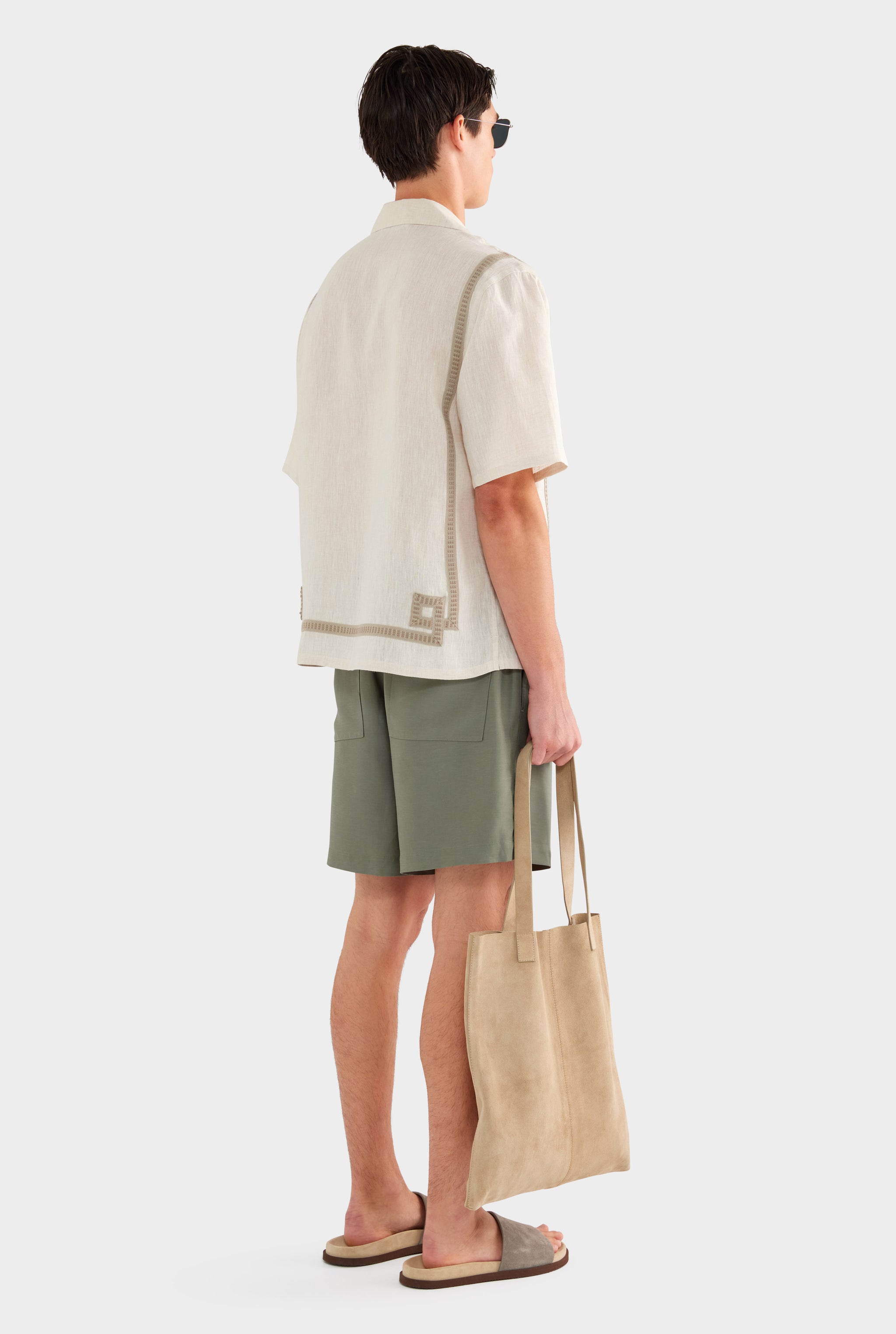Tape Border Linen Camp Collar Shirt - Sand - XS