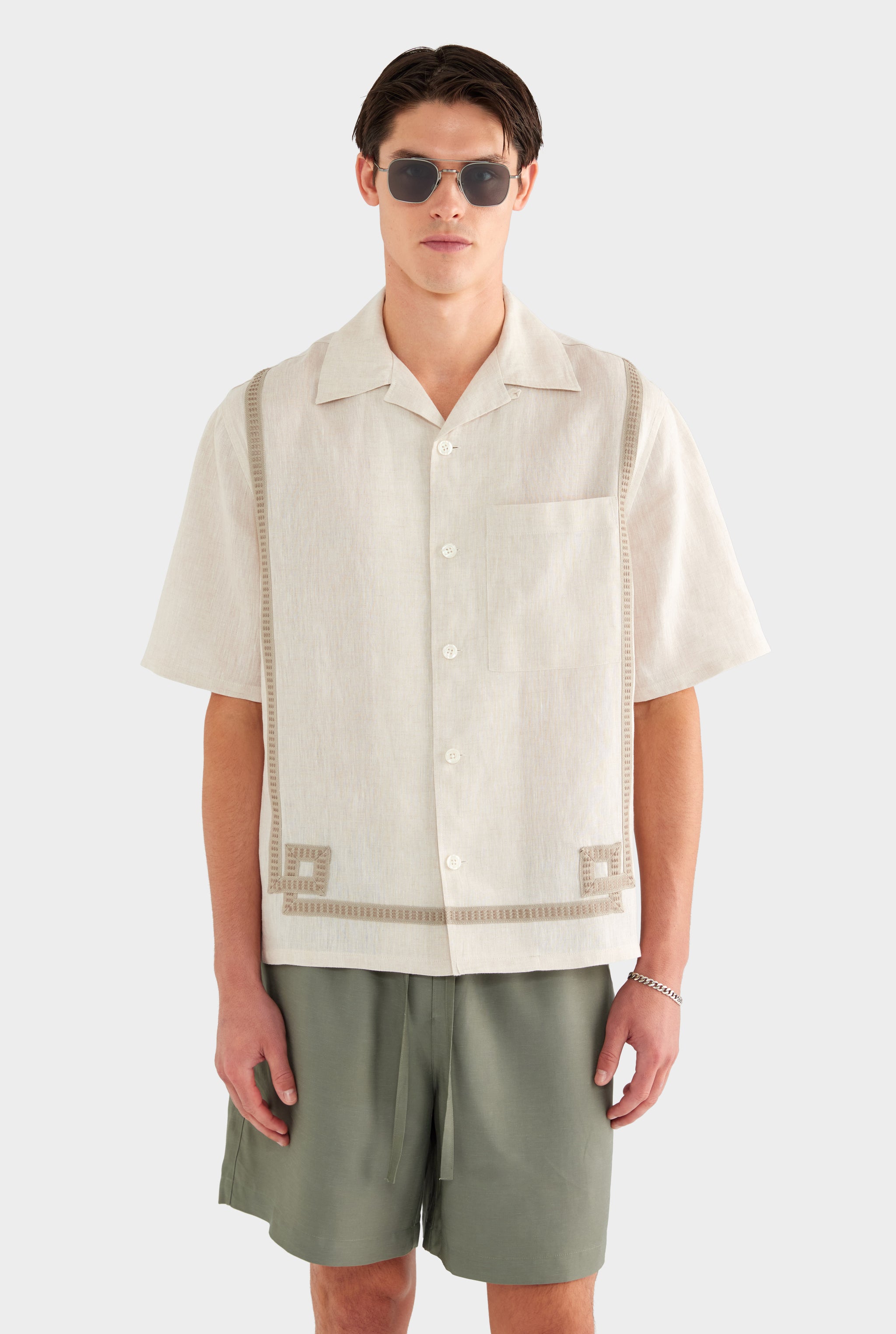 Tape Border Linen Camp Collar Shirt - Sand - XS