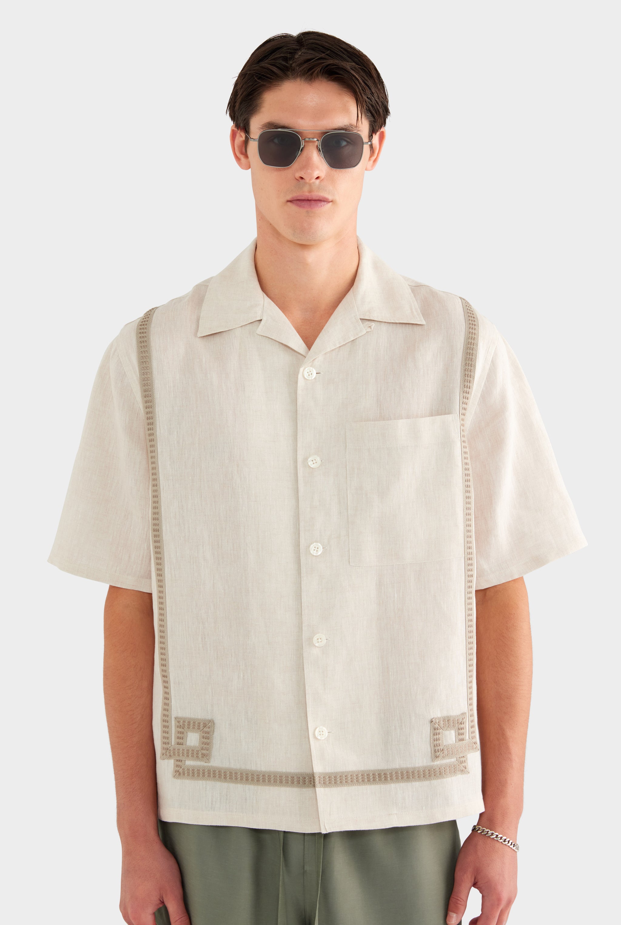 Tape Border Linen Camp Collar Shirt - Sand - XS