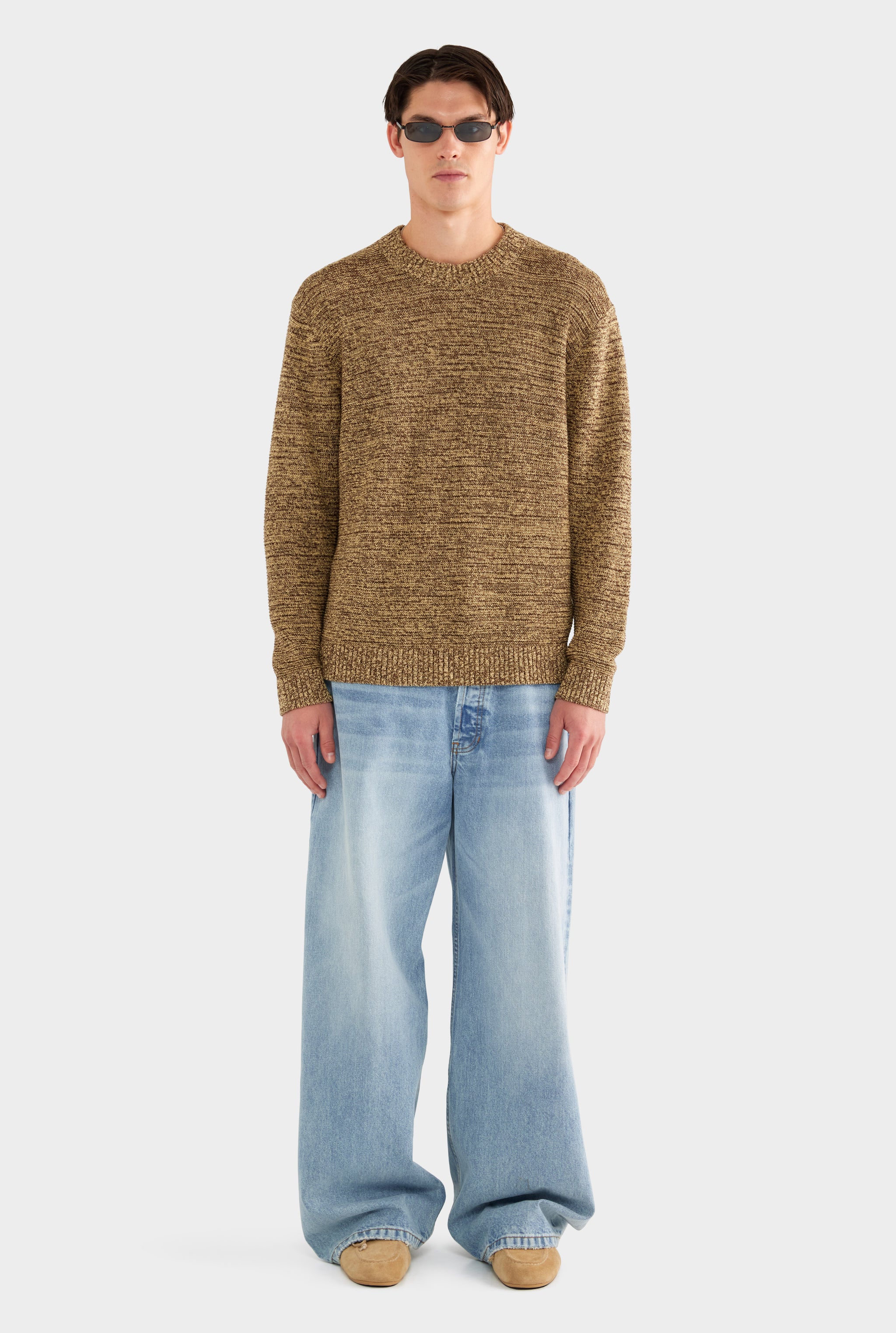 Marled Cotton Linen Sweater - Brown/Wheat - XS