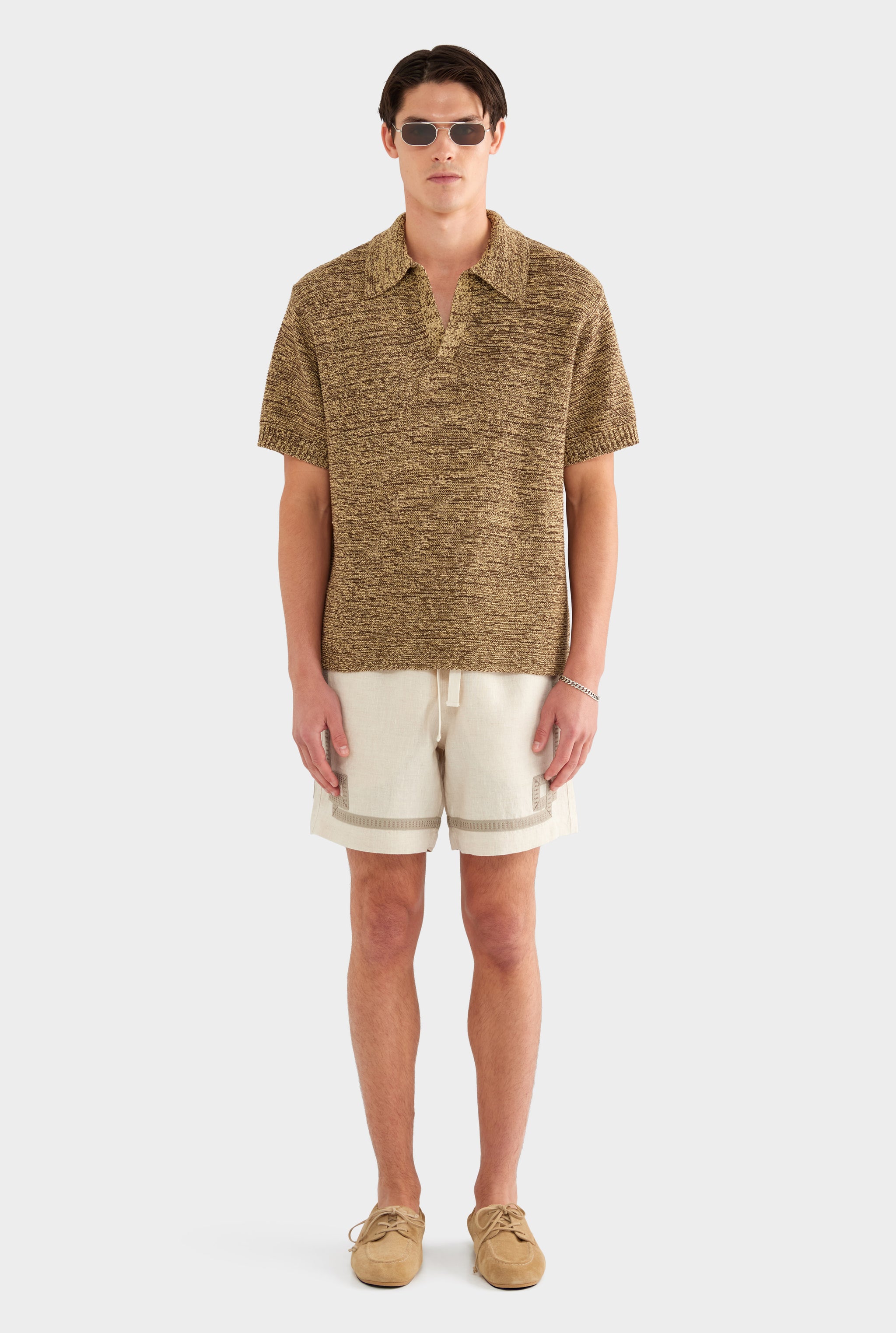 Marled Cotton Linen Polo - Brown/Wheat - XS