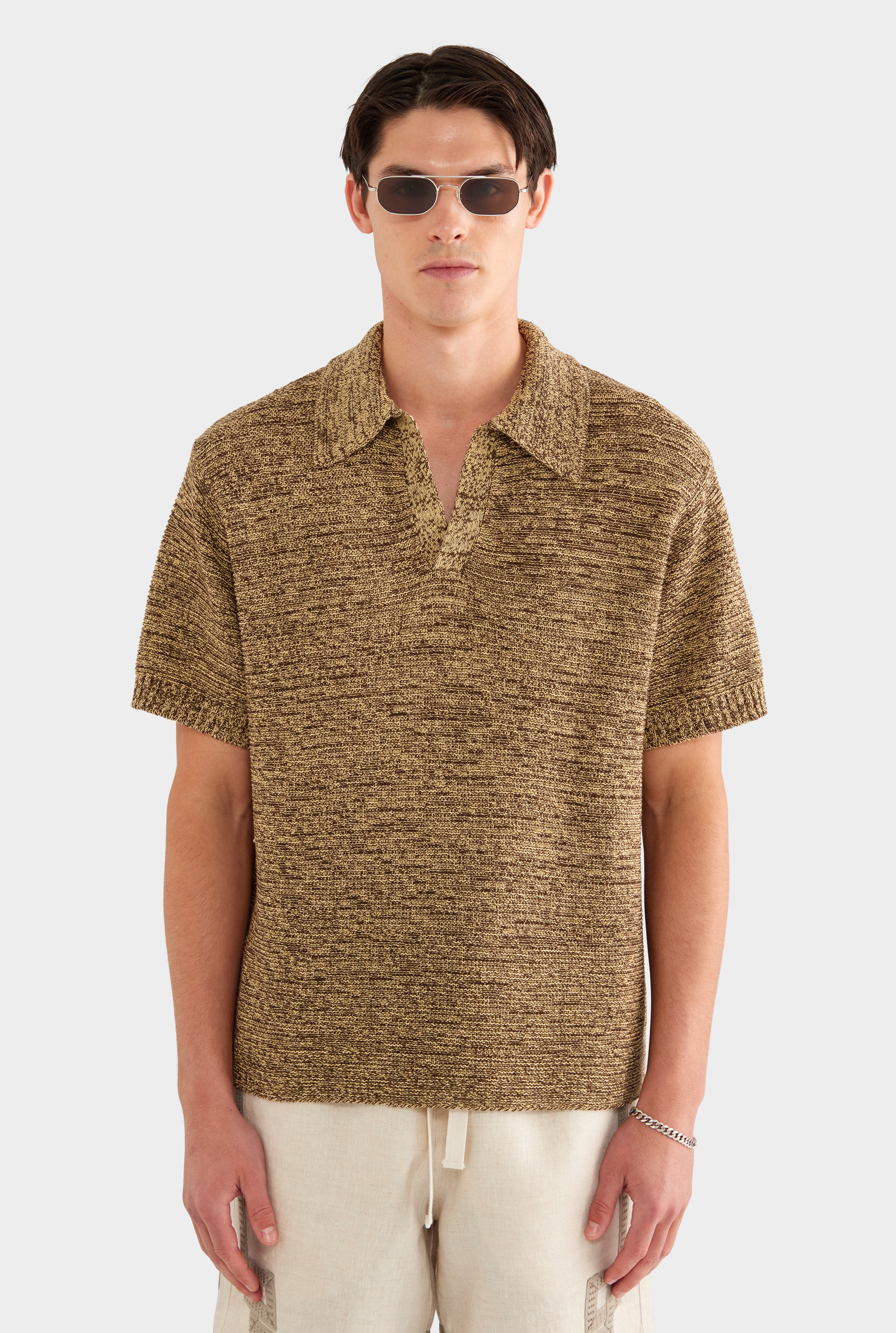Marled Cotton Linen Polo - Brown/Wheat - XS