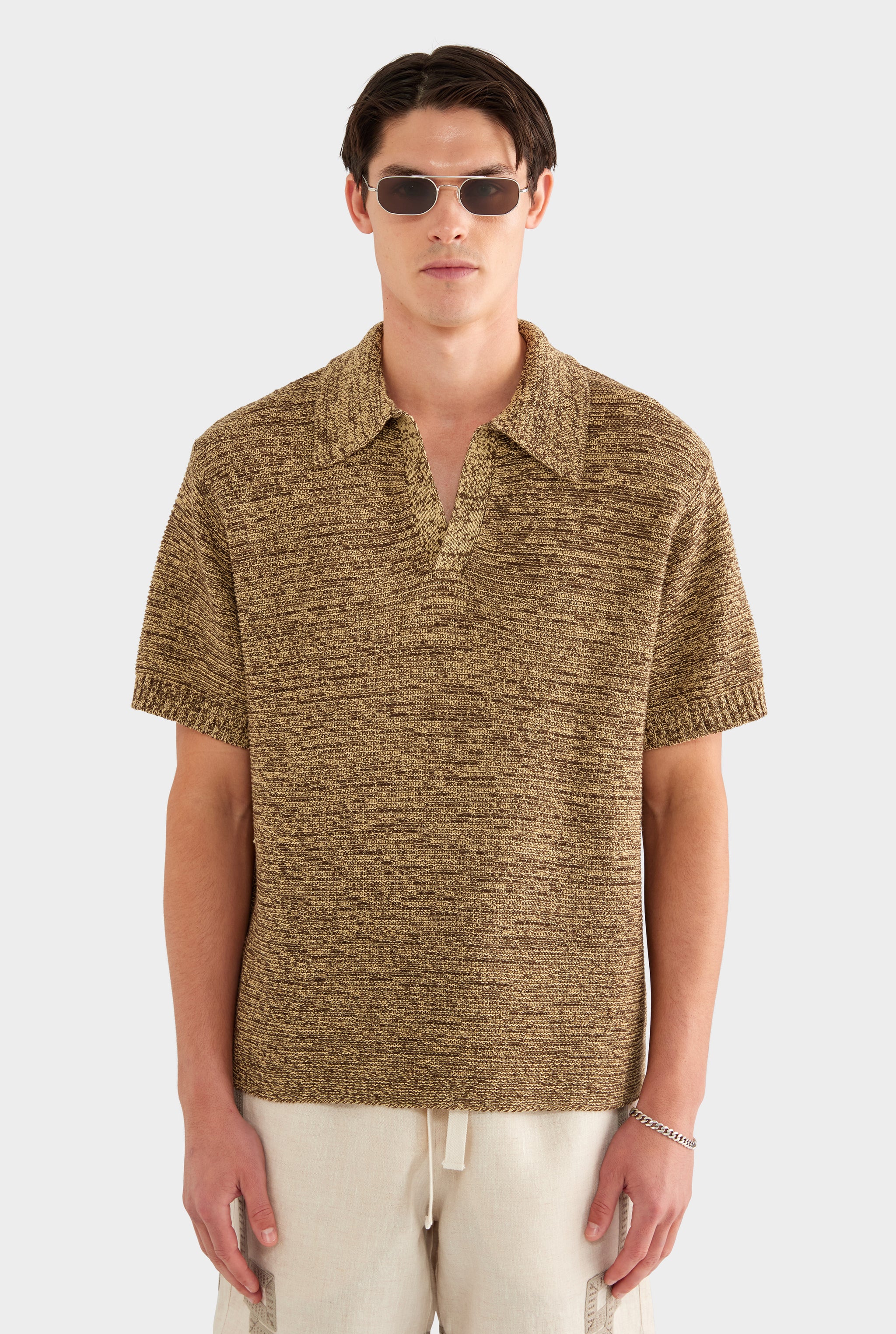 Marled Cotton Linen Polo - Brown/Wheat - XS