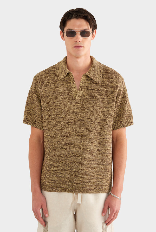 Marled Cotton Linen Polo - Brown/Wheat - XS