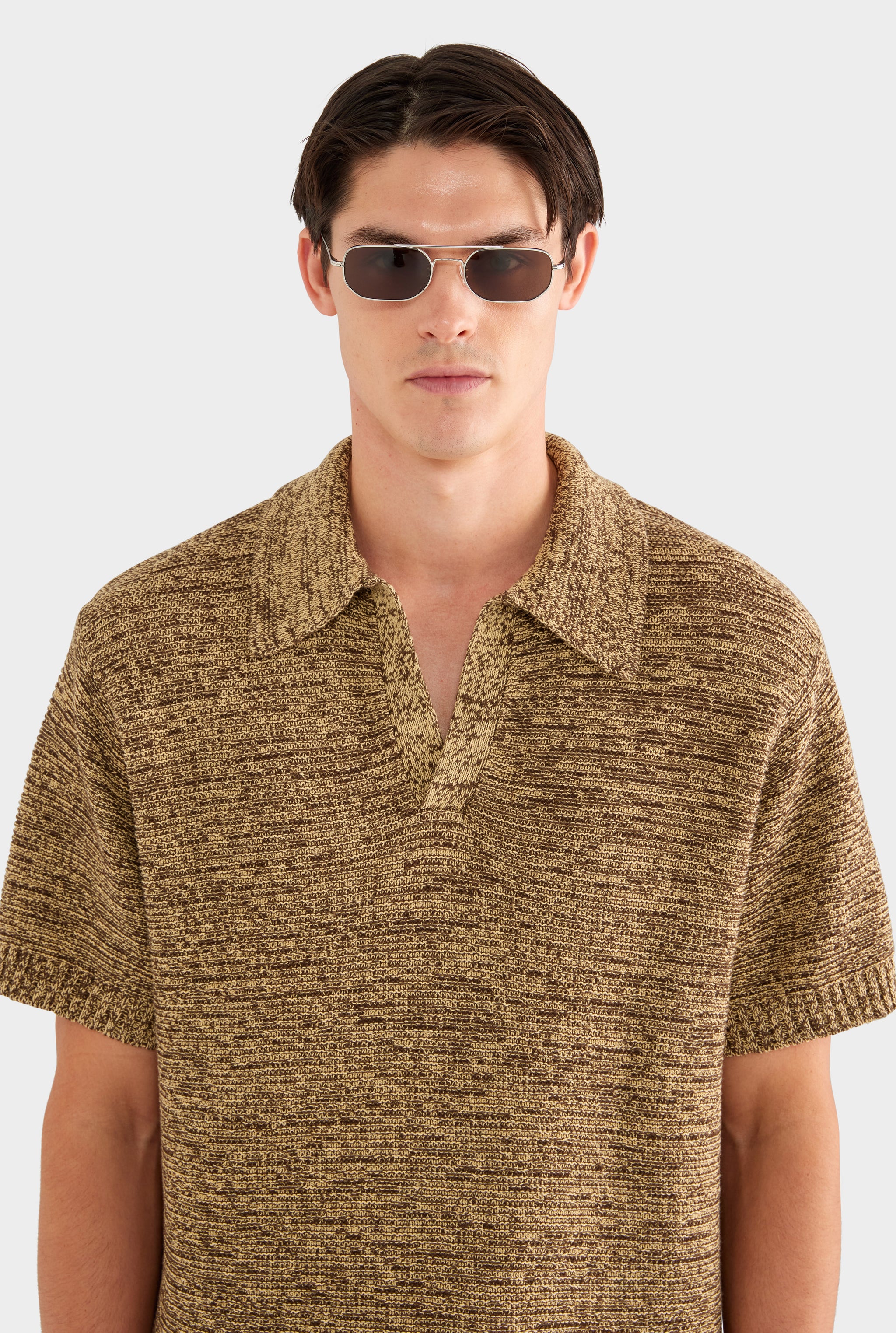 Marled Cotton Linen Polo - Brown/Wheat - XS