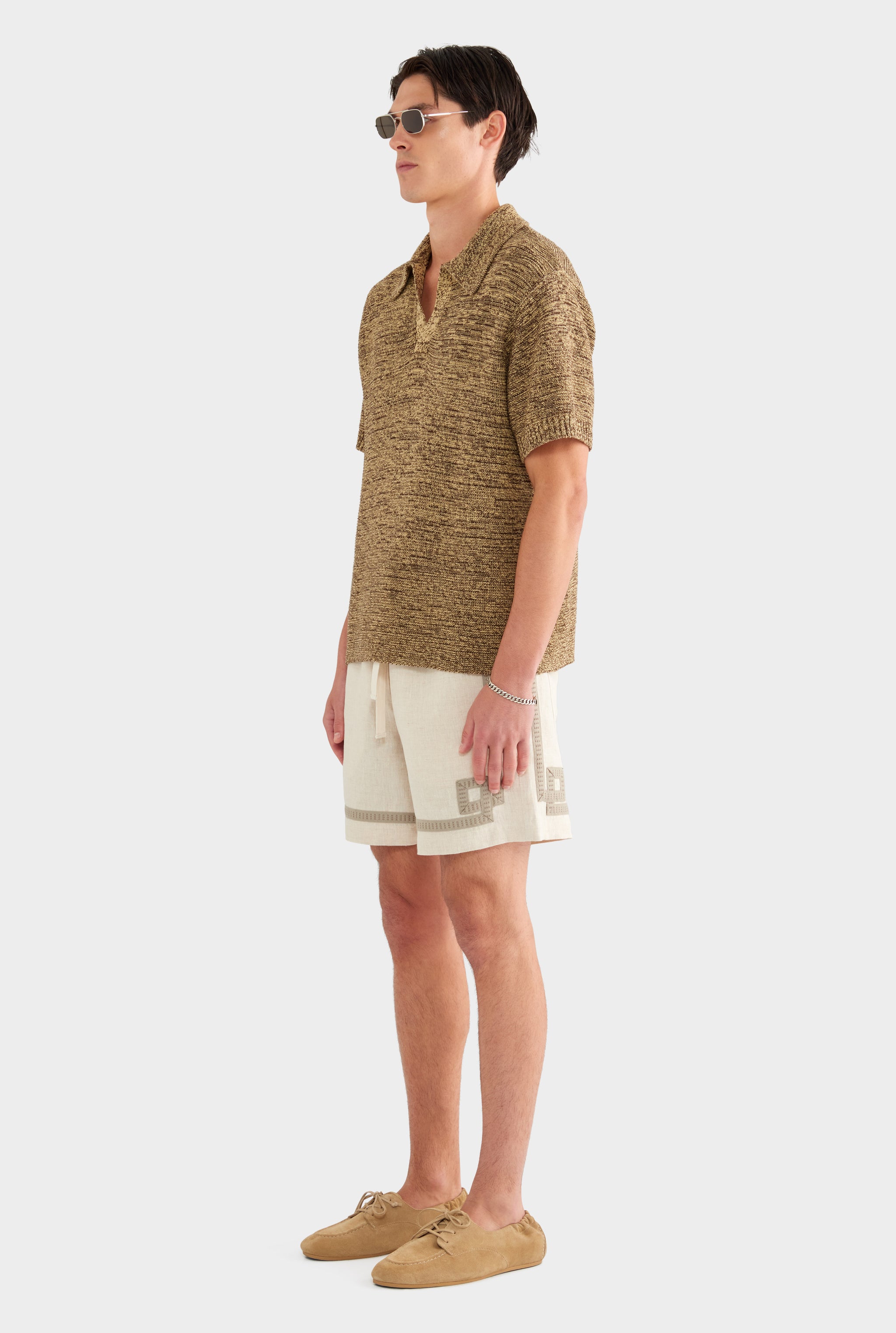 Marled Cotton Linen Polo - Brown/Wheat - XS