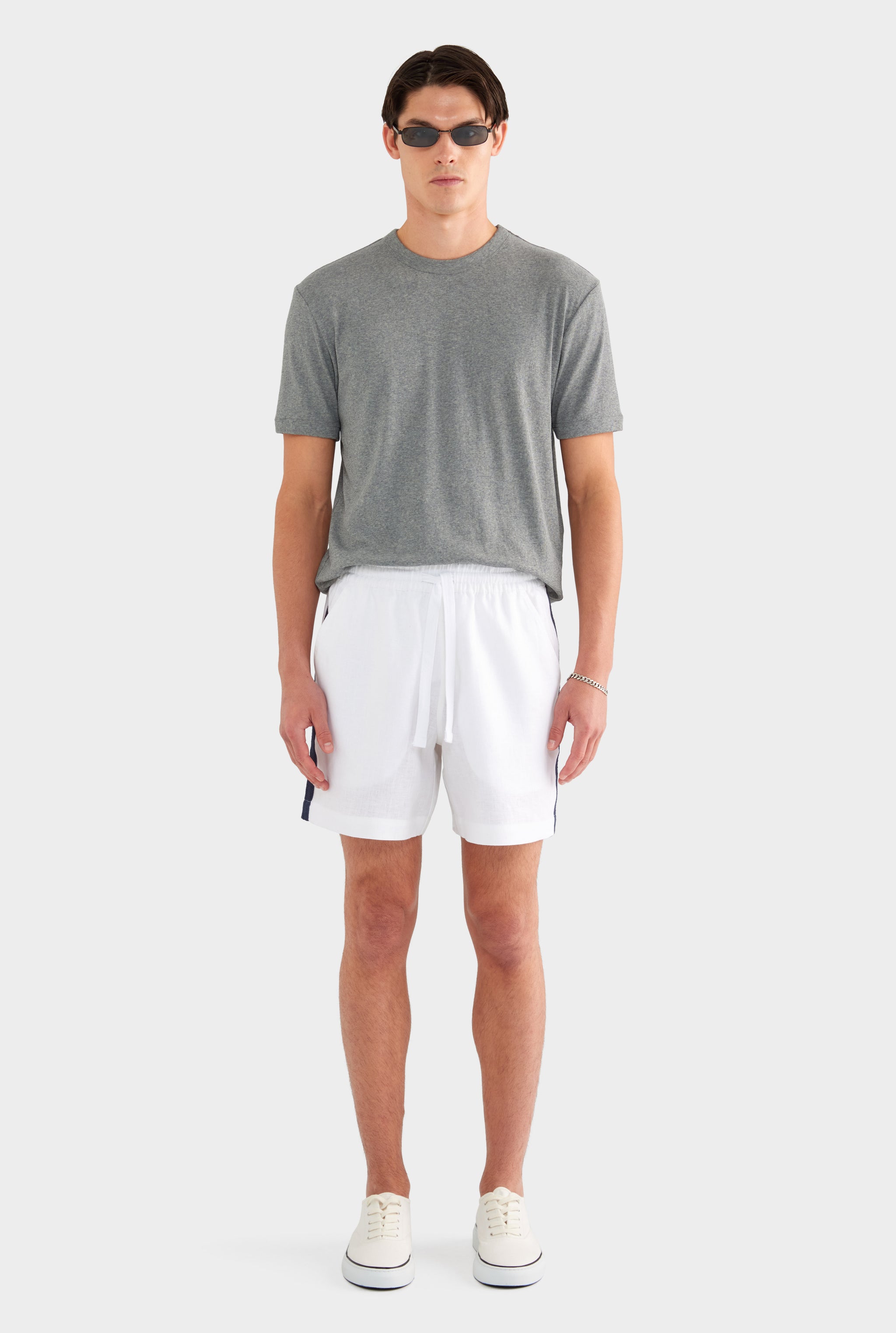 Linen Lounge Short - White / Navy Tape - XS