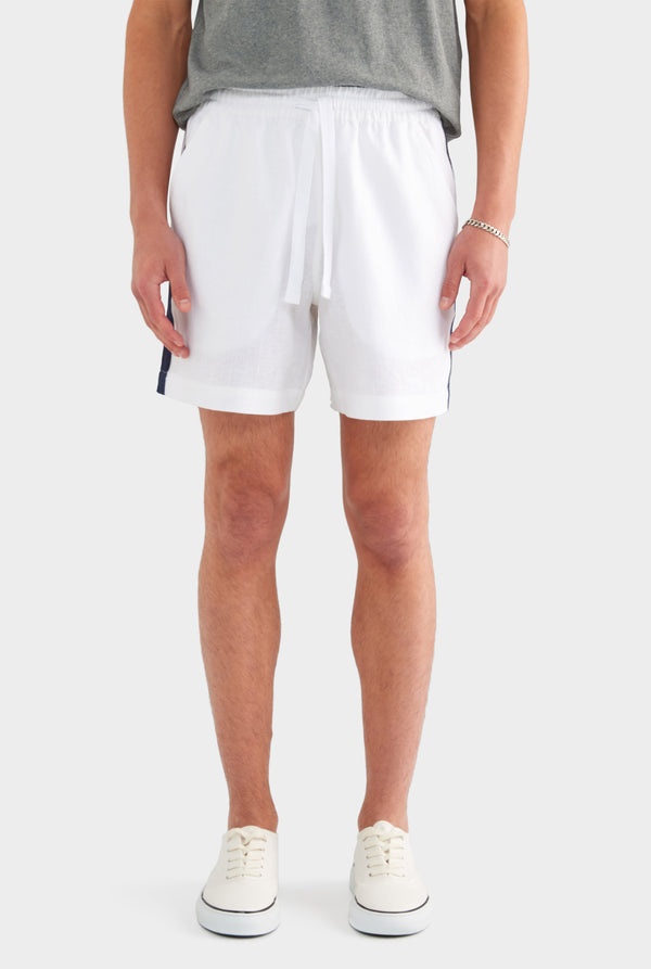 Linen Lounge Short - White / Navy Tape - XS