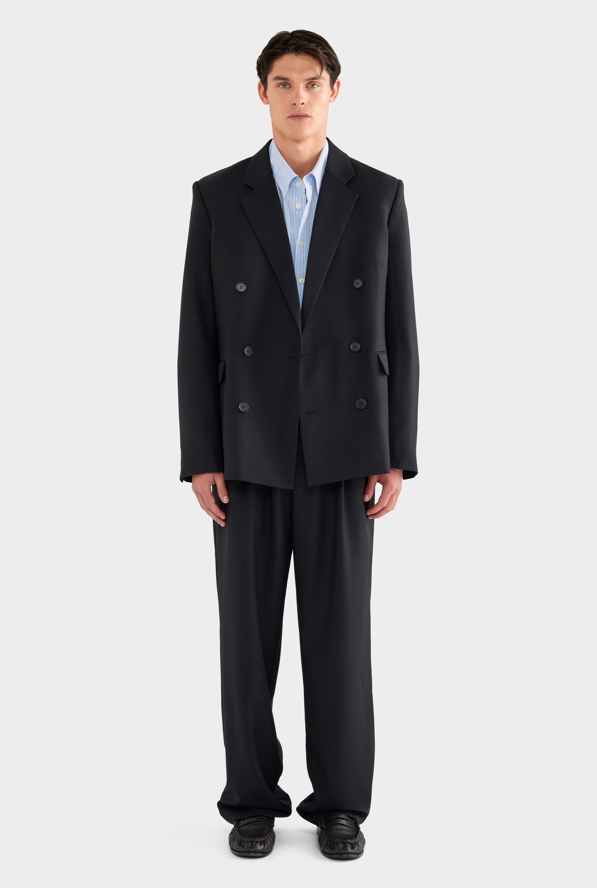 Tailored Wool Double Breasted Suit Jacket - Black - 100% Wool / Black / XS