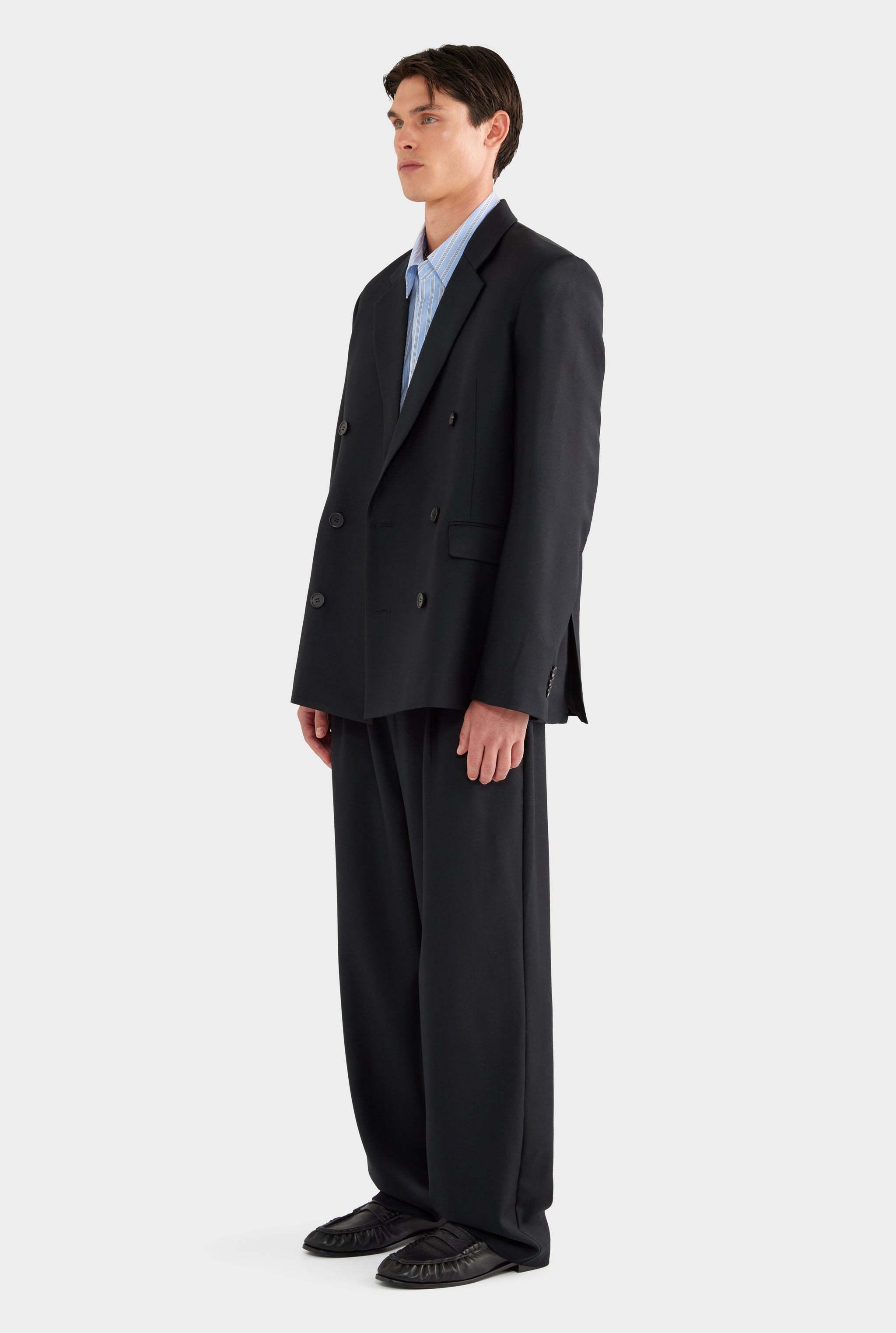 Tailored Wool Double Breasted Suit Jacket - Black - 100% Wool / Black / XS