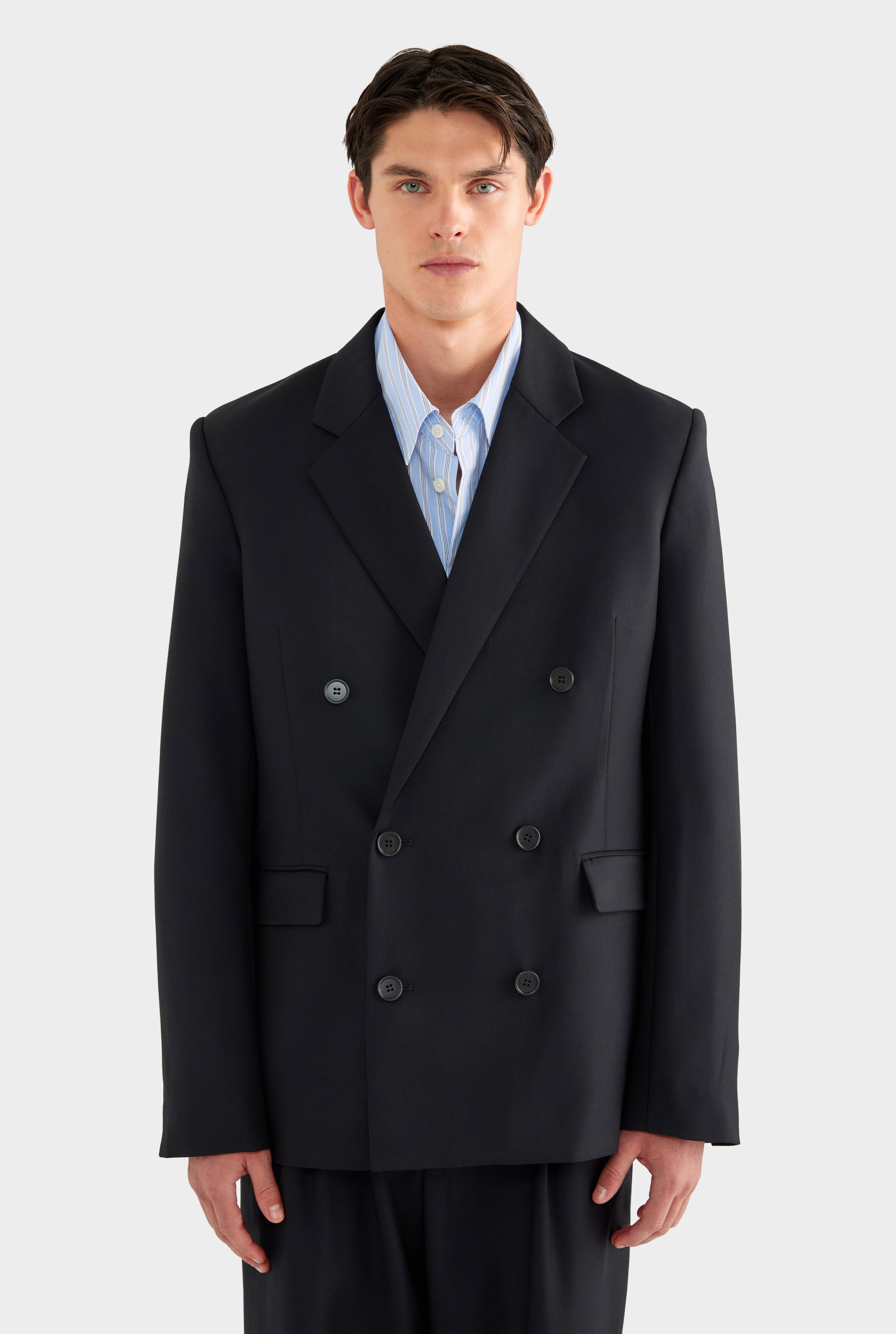 Tailored Wool Double Breasted Suit Jacket - Black - 100% Wool / Black / XS