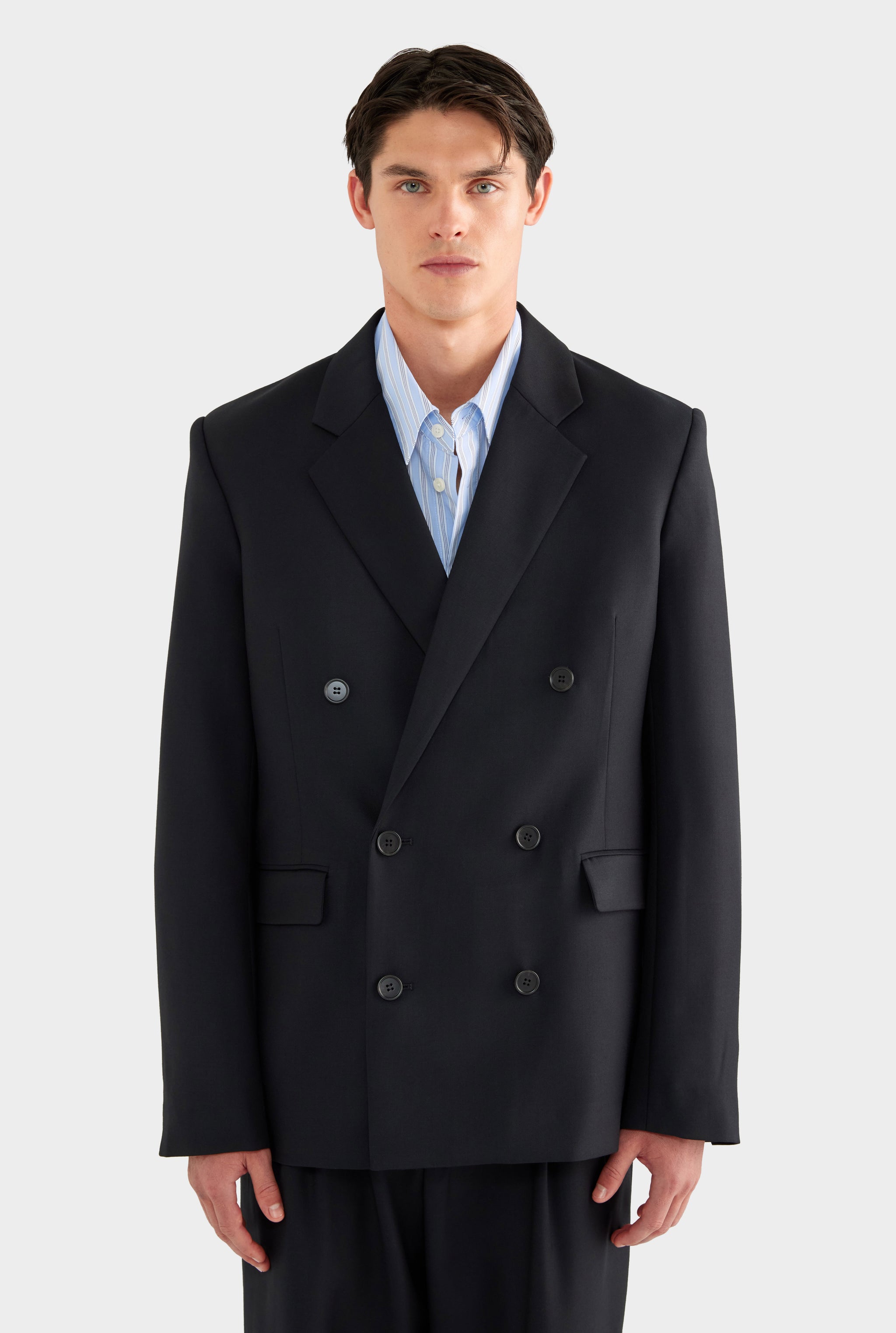 Tailored Wool Double Breasted Suit Jacket - Black - 100% Wool / Black / XS