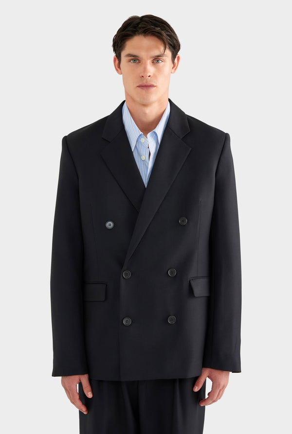 Tailored Wool Double Breasted Suit Jacket - Black - 100% Wool / Black / XS