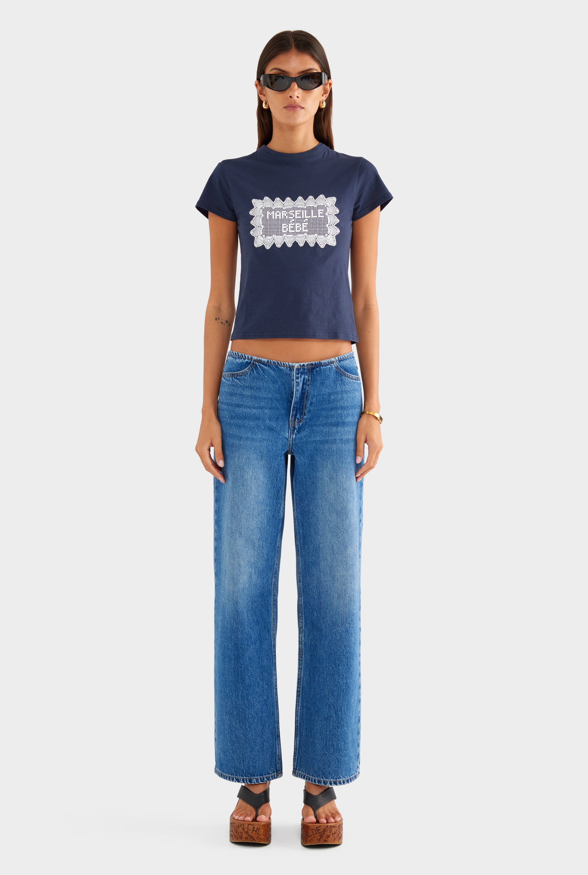 Lightweight Cotton Baby Tee - Navy/Marseille Doily - XS