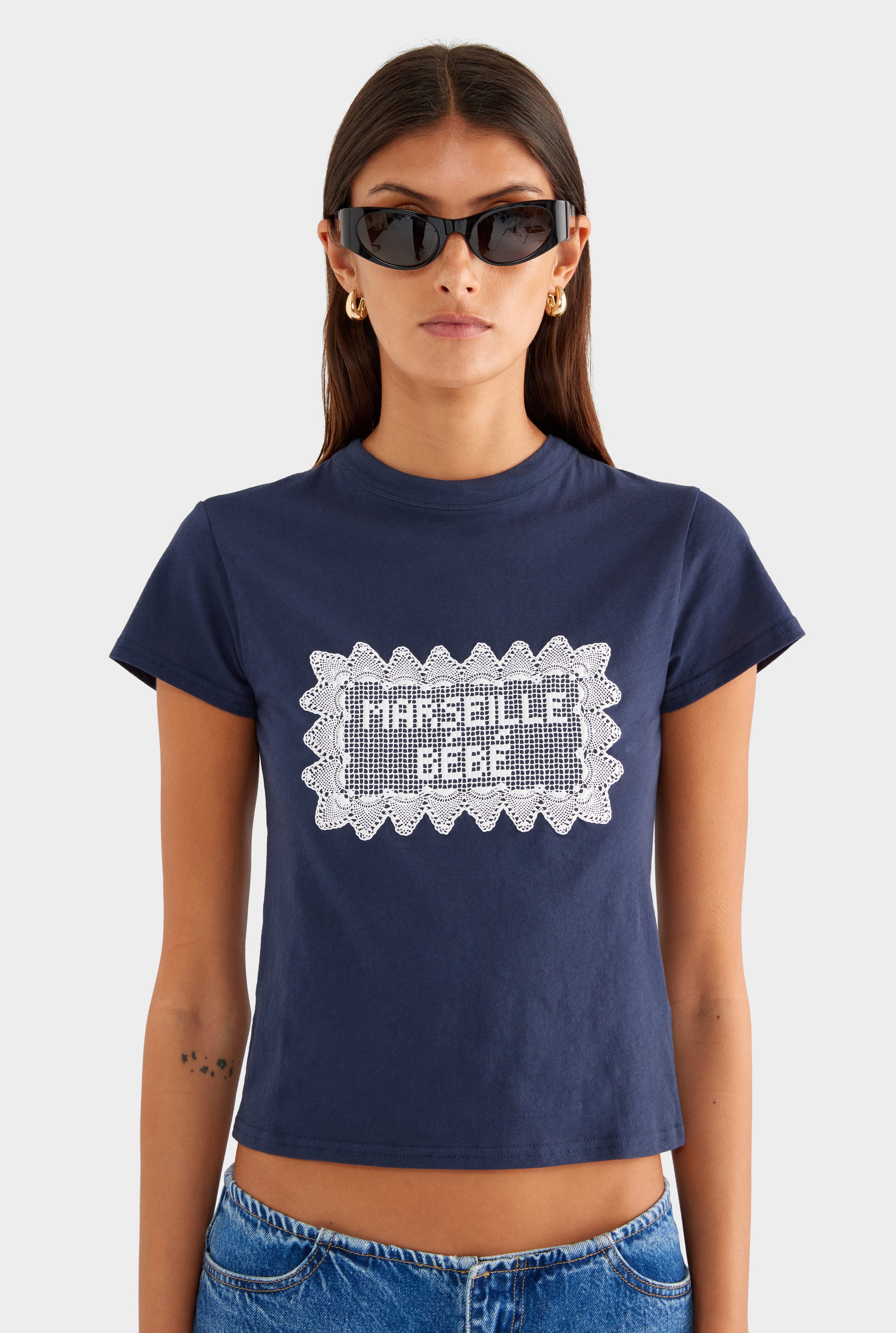 Lightweight Cotton Baby Tee - Navy/Marseille Doily - XS