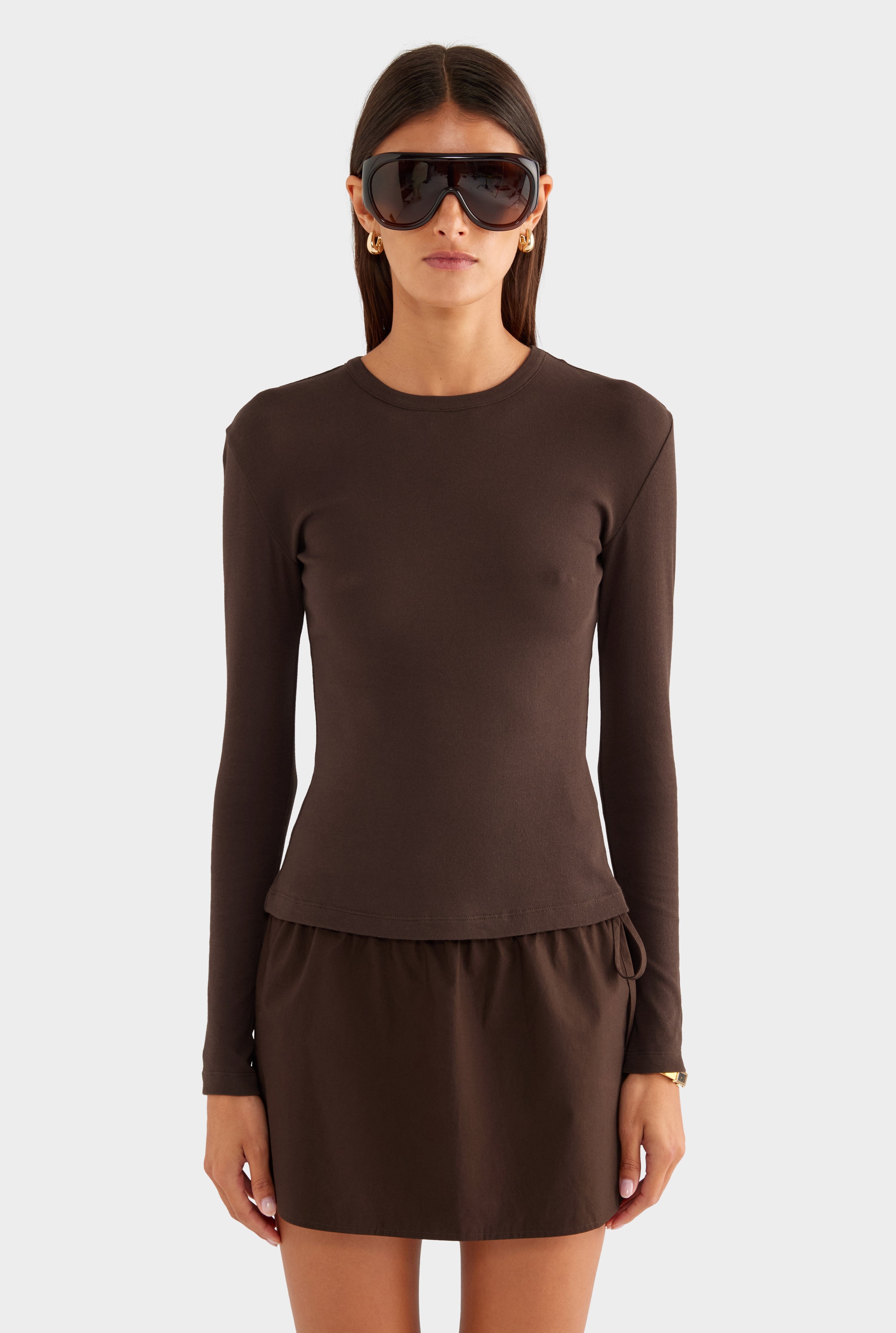 Cotton Rib Long Sleeve Tee - Dark Chocolate - XS