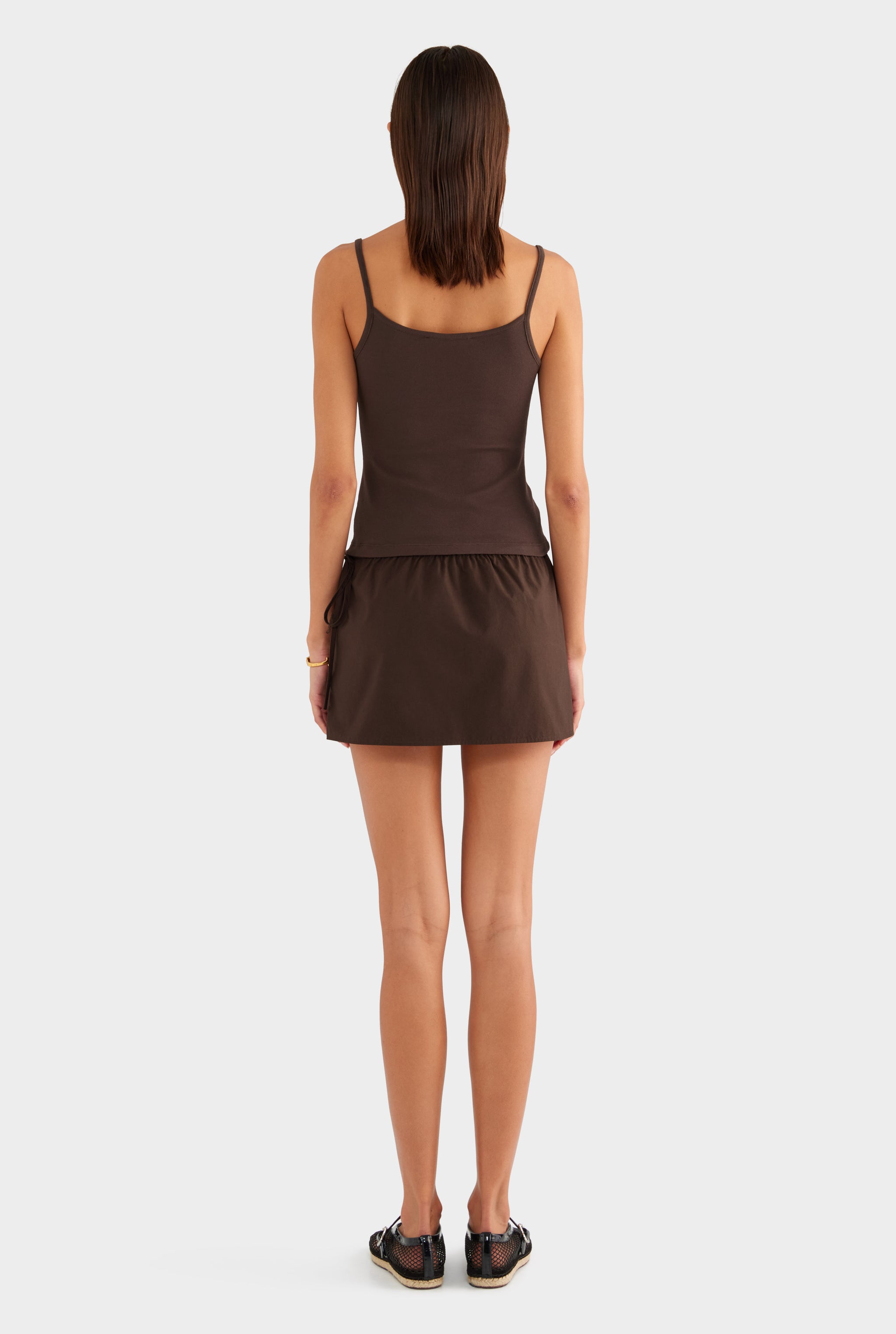 Cotton Poplin Drawstring Mini Skirt - Dark Chocolate - XS