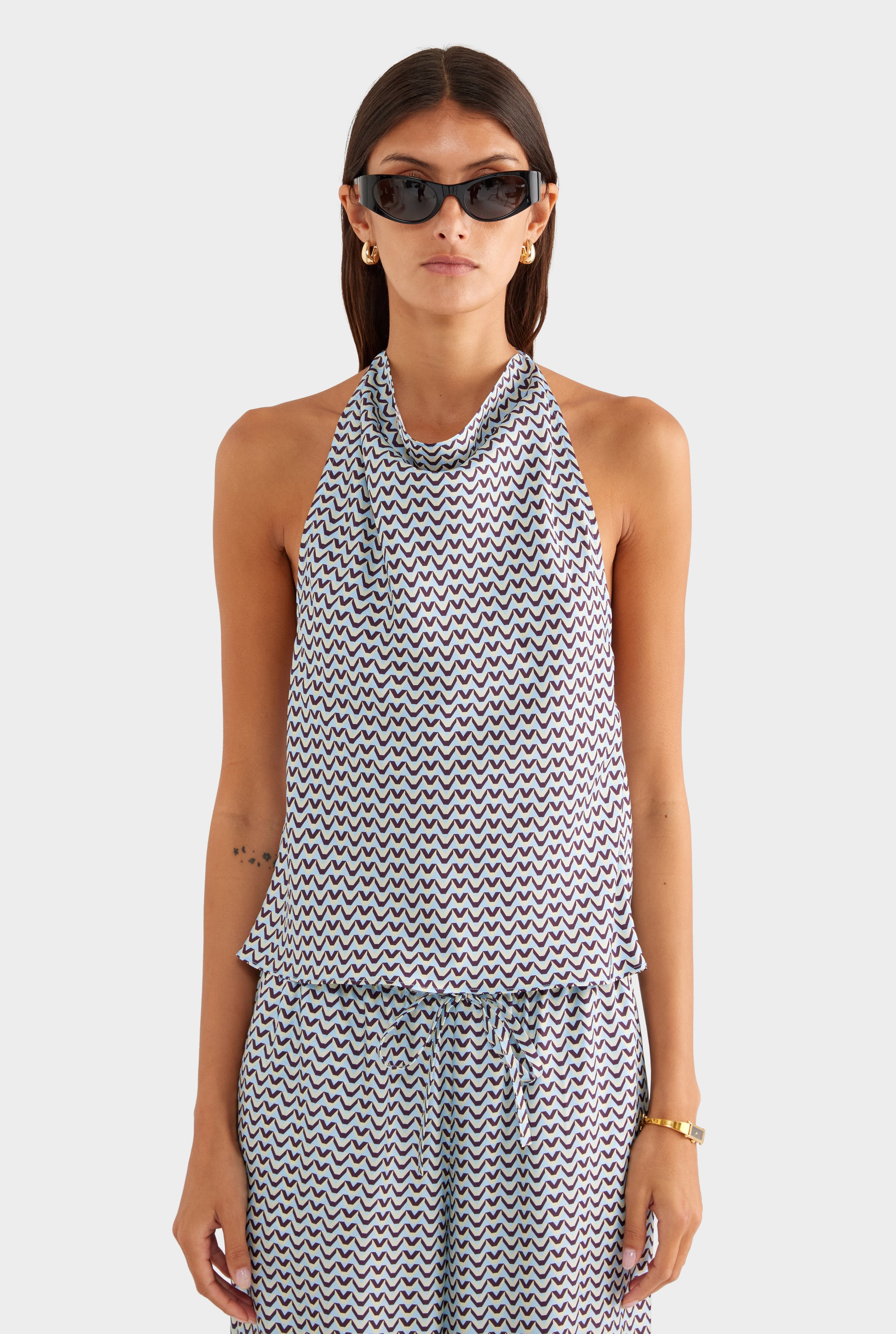 Silk High Neck Halter Top - Blue/Plum/Butter V Monogram - XS