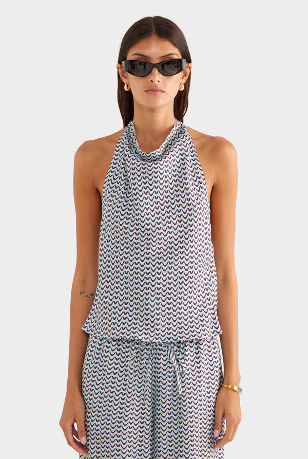 Silk High Neck Halter Top - Blue/Plum/Butter V Monogram - XS