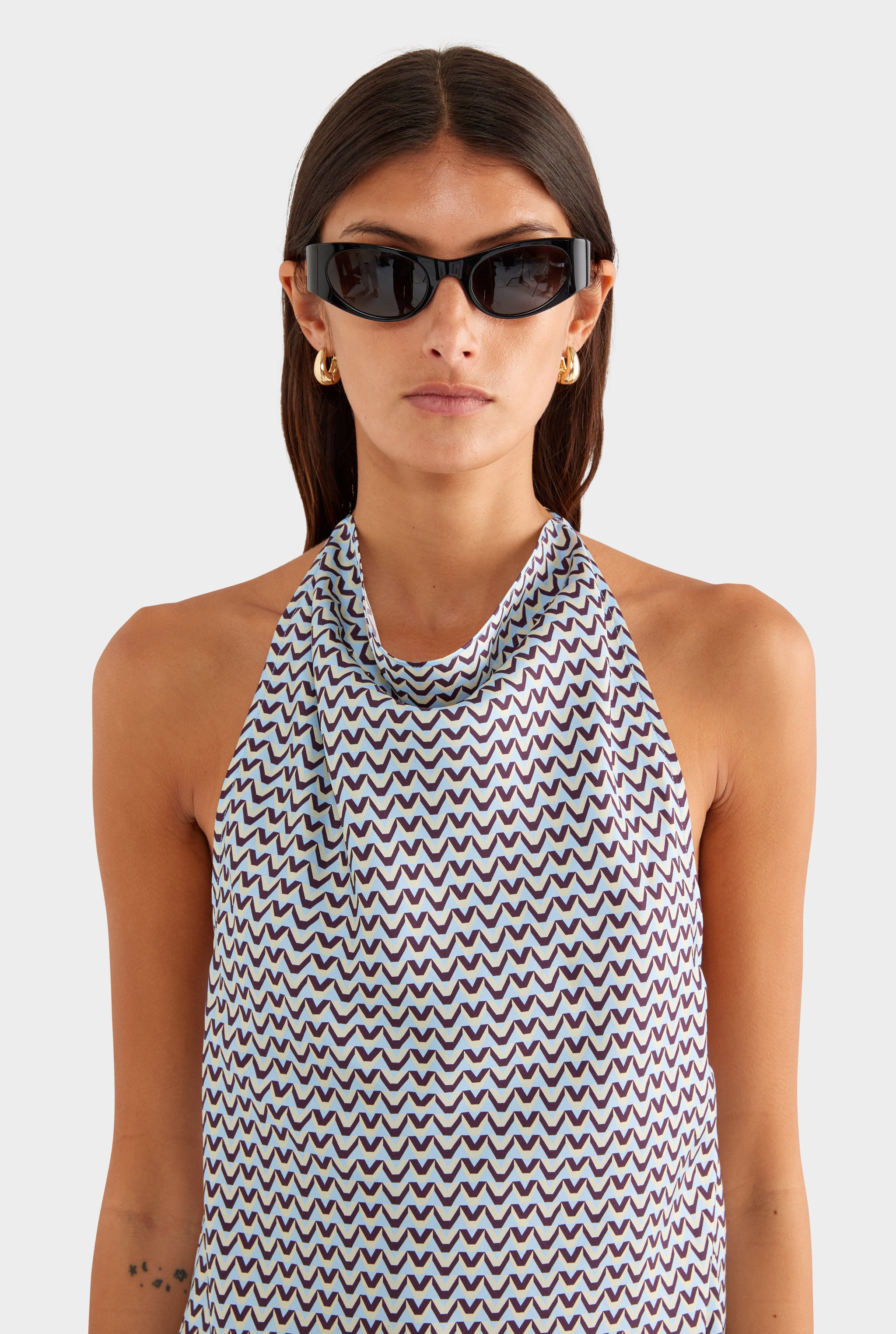 Silk High Neck Halter Top - Blue/Plum/Butter V Monogram - XS