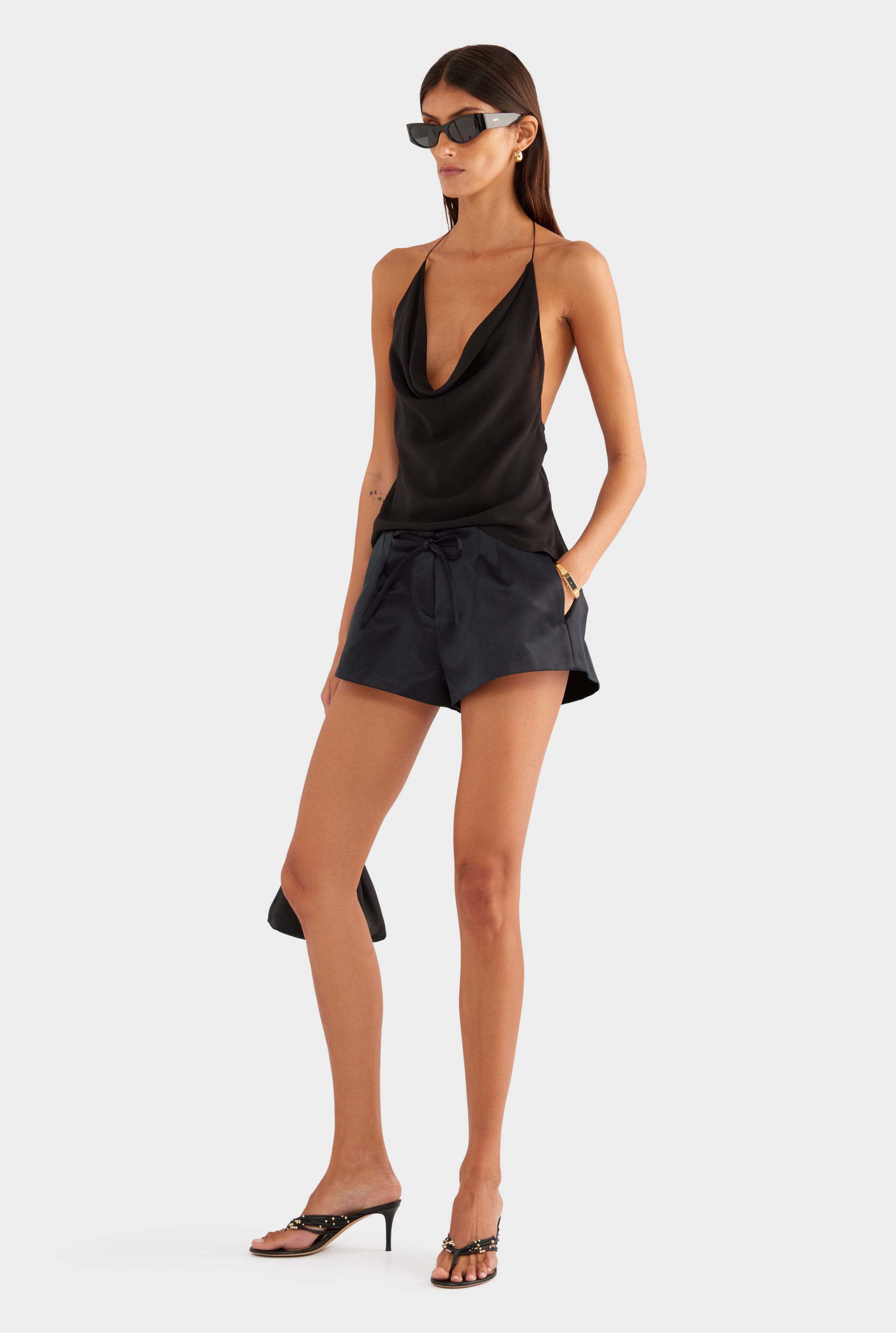Silk Cowl Cross Back Halter - Black - XS